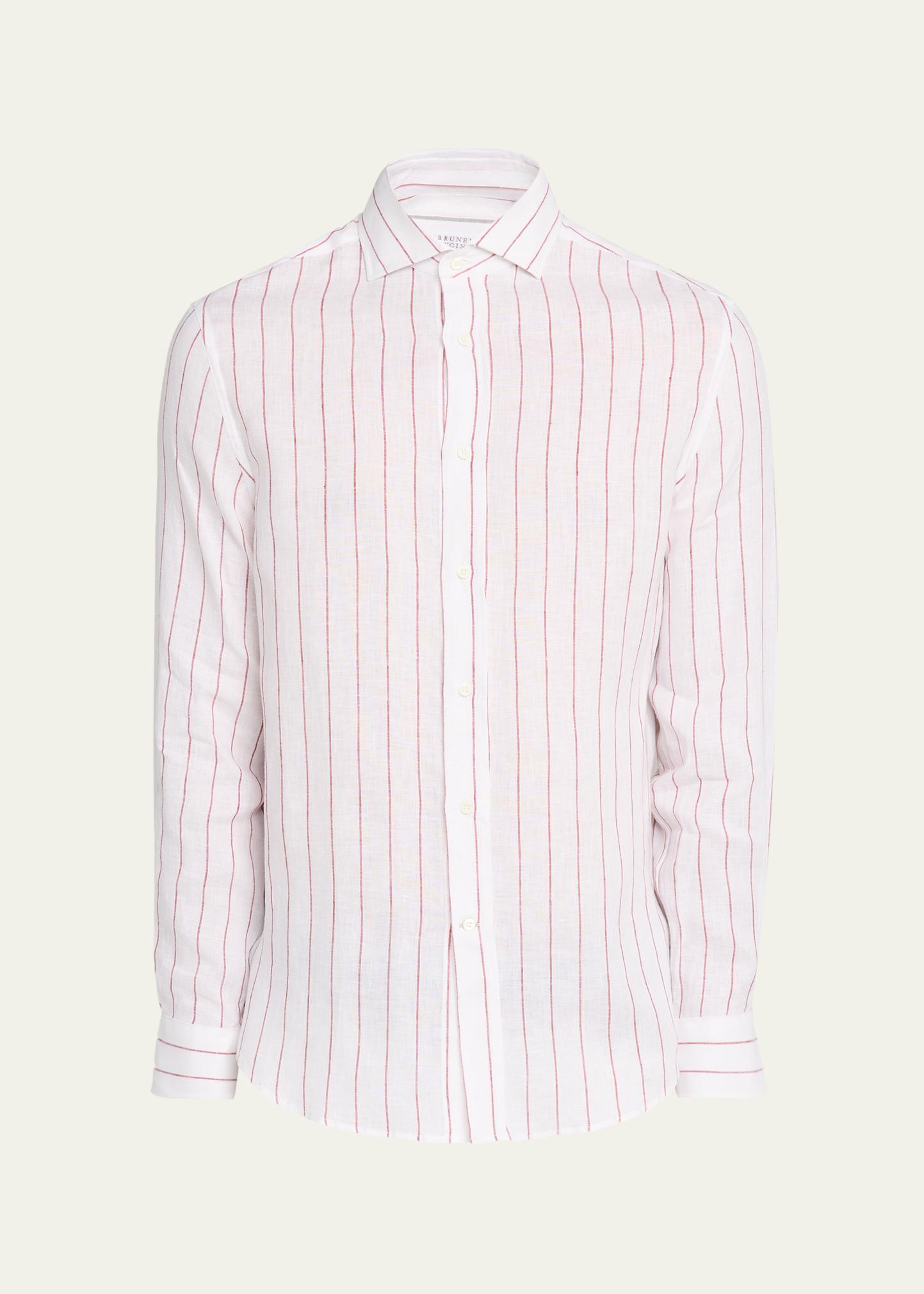 Brunello Cucinelli Men's Linen Pinstripe Spread Collar Button-Down