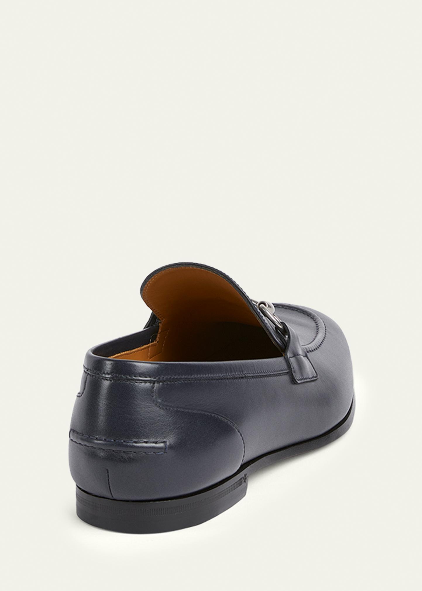 Brand New Men\'s Gucci Jordaan Navy Leather Bit Loafers (Gold Buckle) Gucci Jordaan Navy Blue GG Monogram Velvet Horsebit Loafers  main image 2