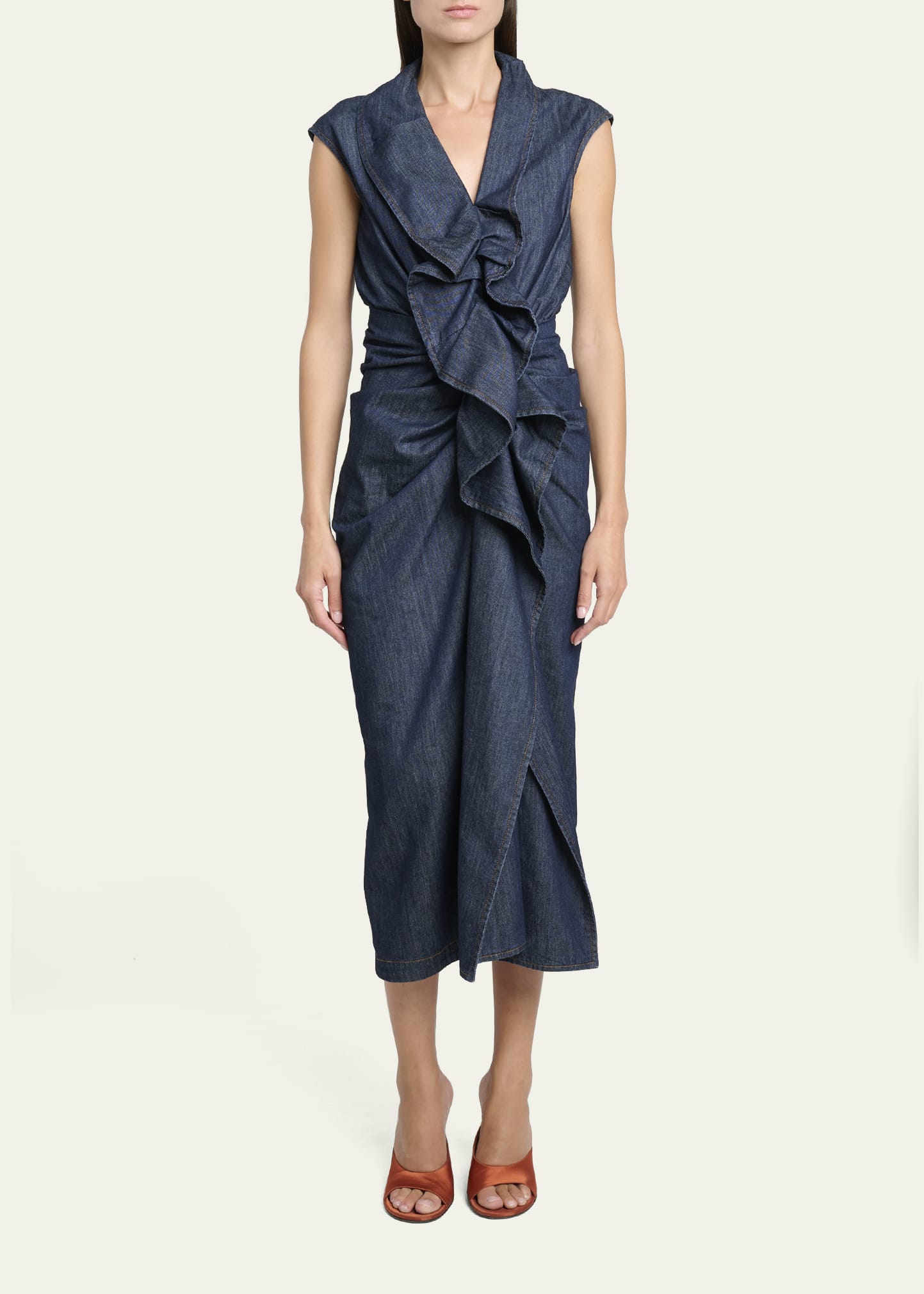 Dries Van Noten Davyl Ruffle Denim Sleeveless Midi Dress