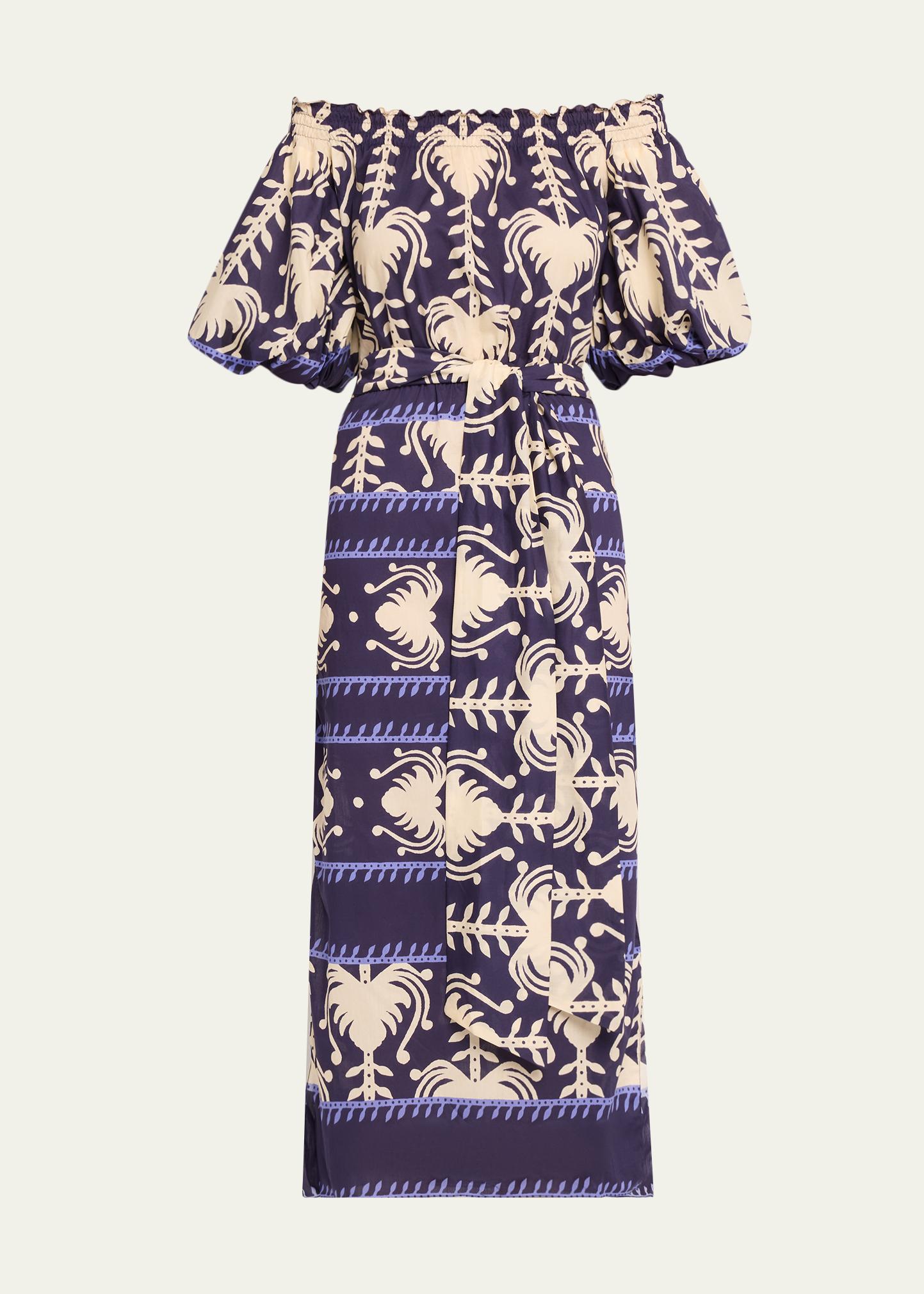 Johanna Ortiz Abstract-Print Light Poplin Off-The-Shoulder Midi Dress