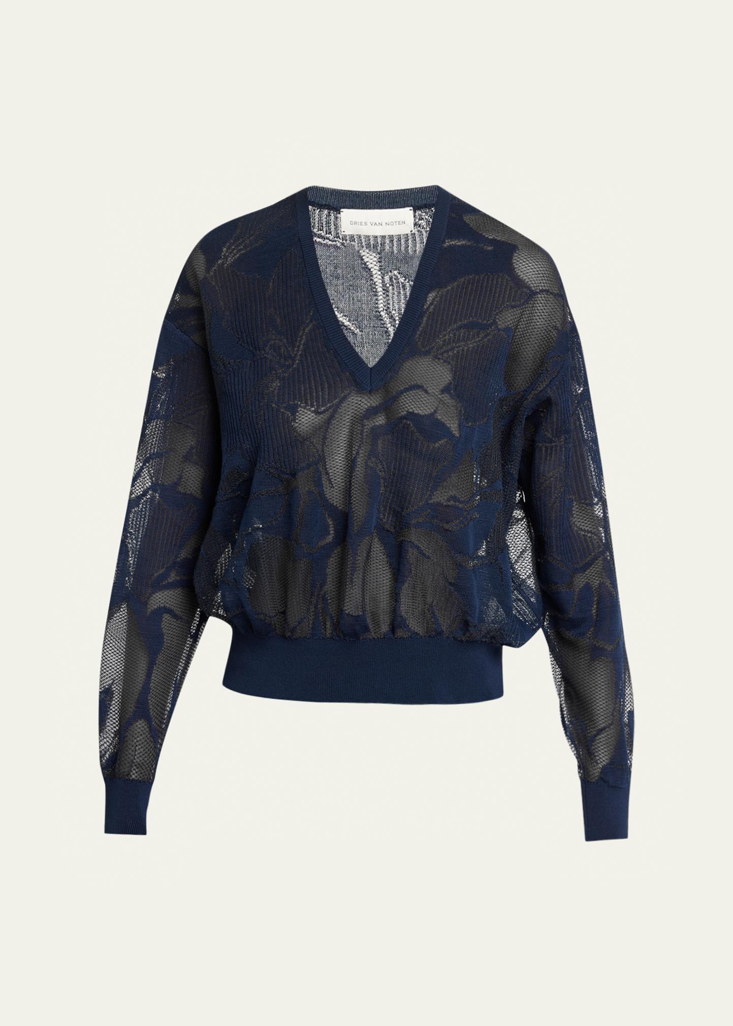Dries Van Noten Torion Floral Lace Knit V-Neck Sweater - Bergdorf