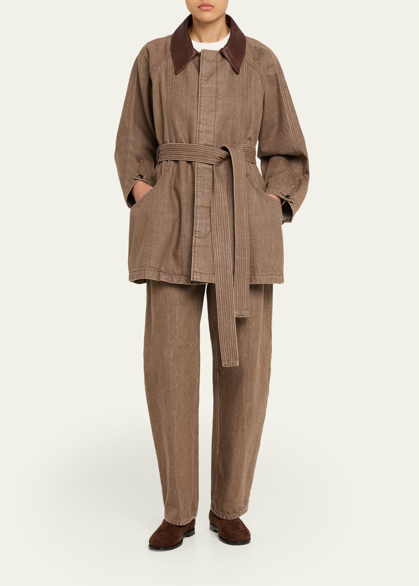 Ossou Sweep Belted Denim Jacket with Leather Collar - Bergdorf Goodman