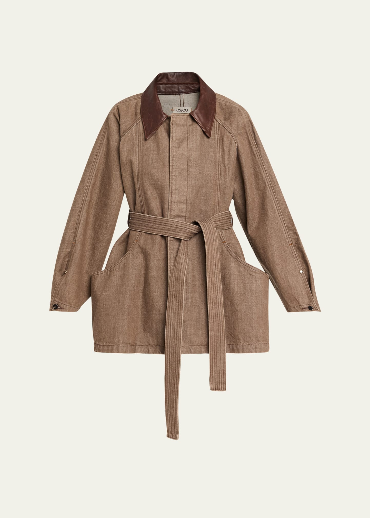 Ossou Sweep Belted Denim Jacket with Leather Collar - Bergdorf Goodman