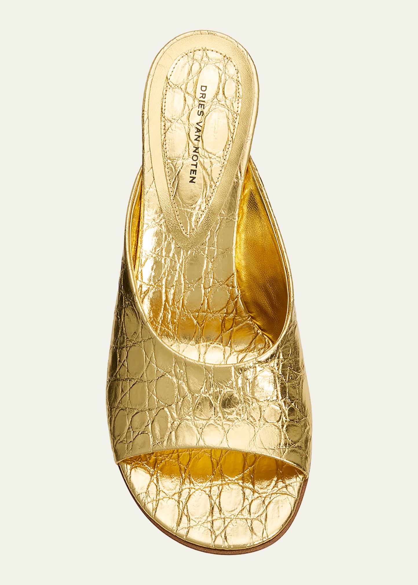 Dries Van Noten 75mm Croc-Embossed Metallic Leather Wedge Mules