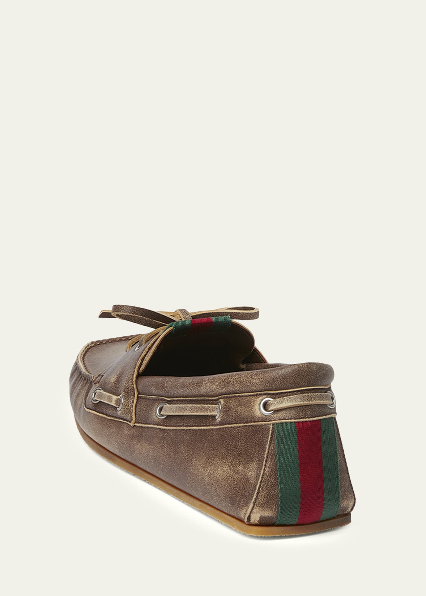 Gucci Men's Web Washed-Effect Leather Boat Shoes - Bergdorf Goodman