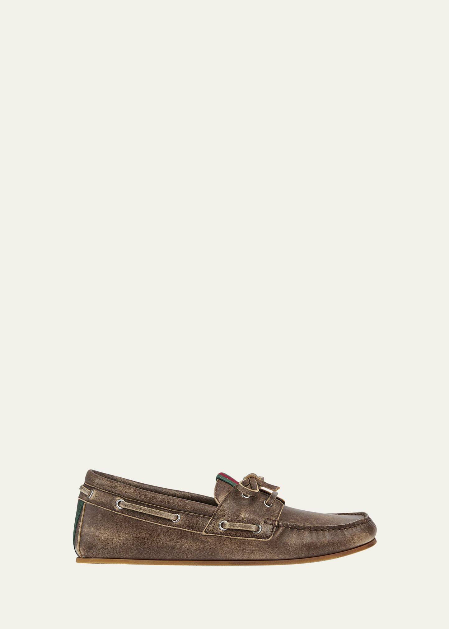 Gucci Men's Web Washed-Effect Leather Boat Shoes - Bergdorf Goodman