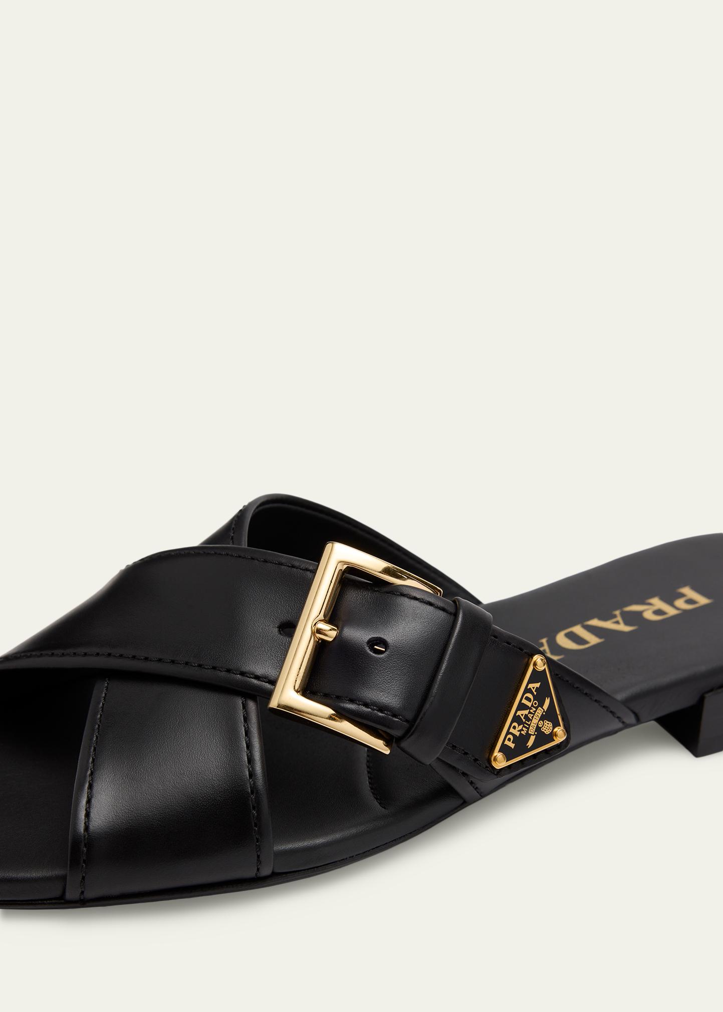 Prada Triangle Logo Buckle Leather Slide Sandals - Bergdorf Goodman