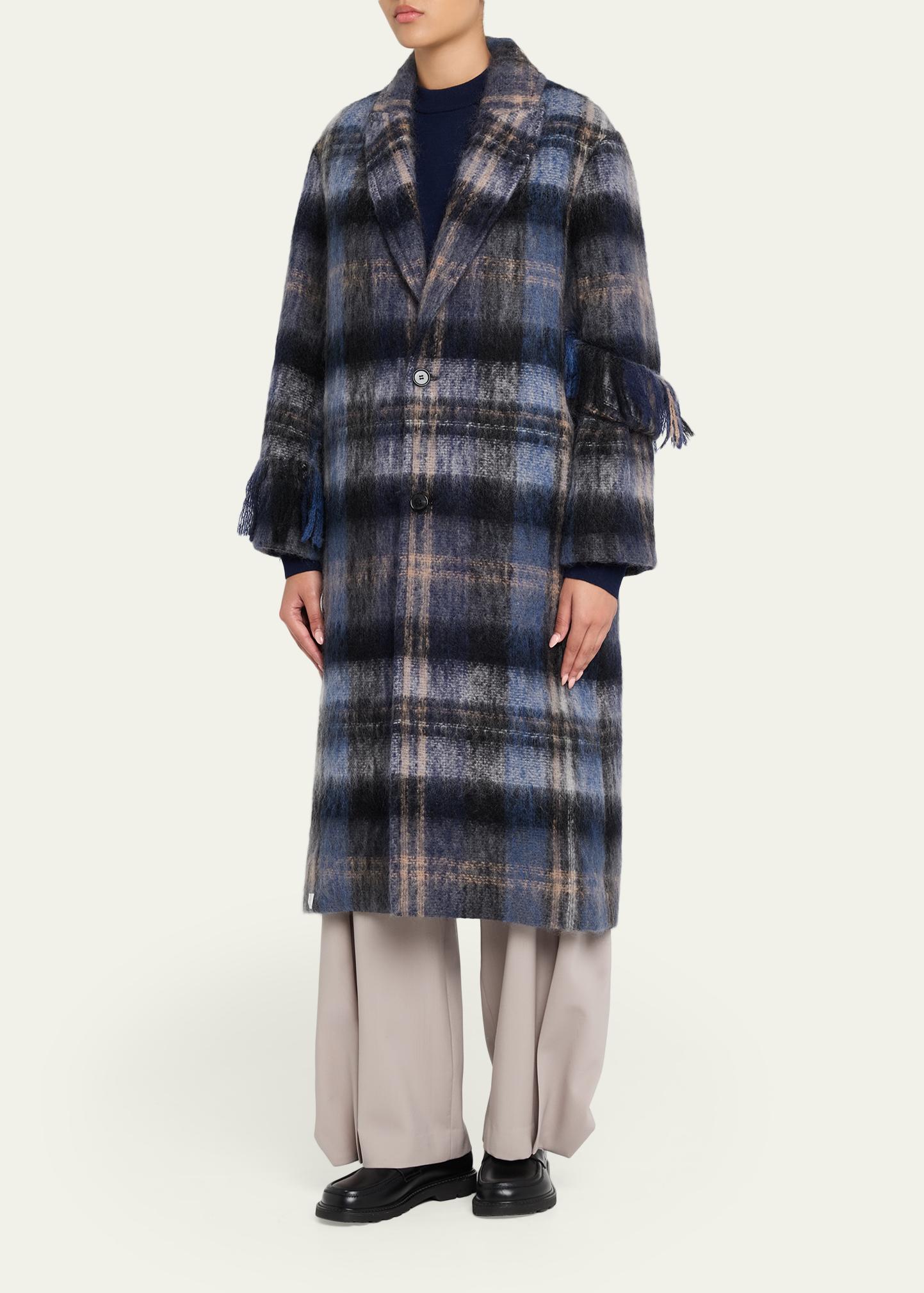 LOEWE Single-Breasted Plaid Wool Fringe Long Coat - Bergdorf Goodman