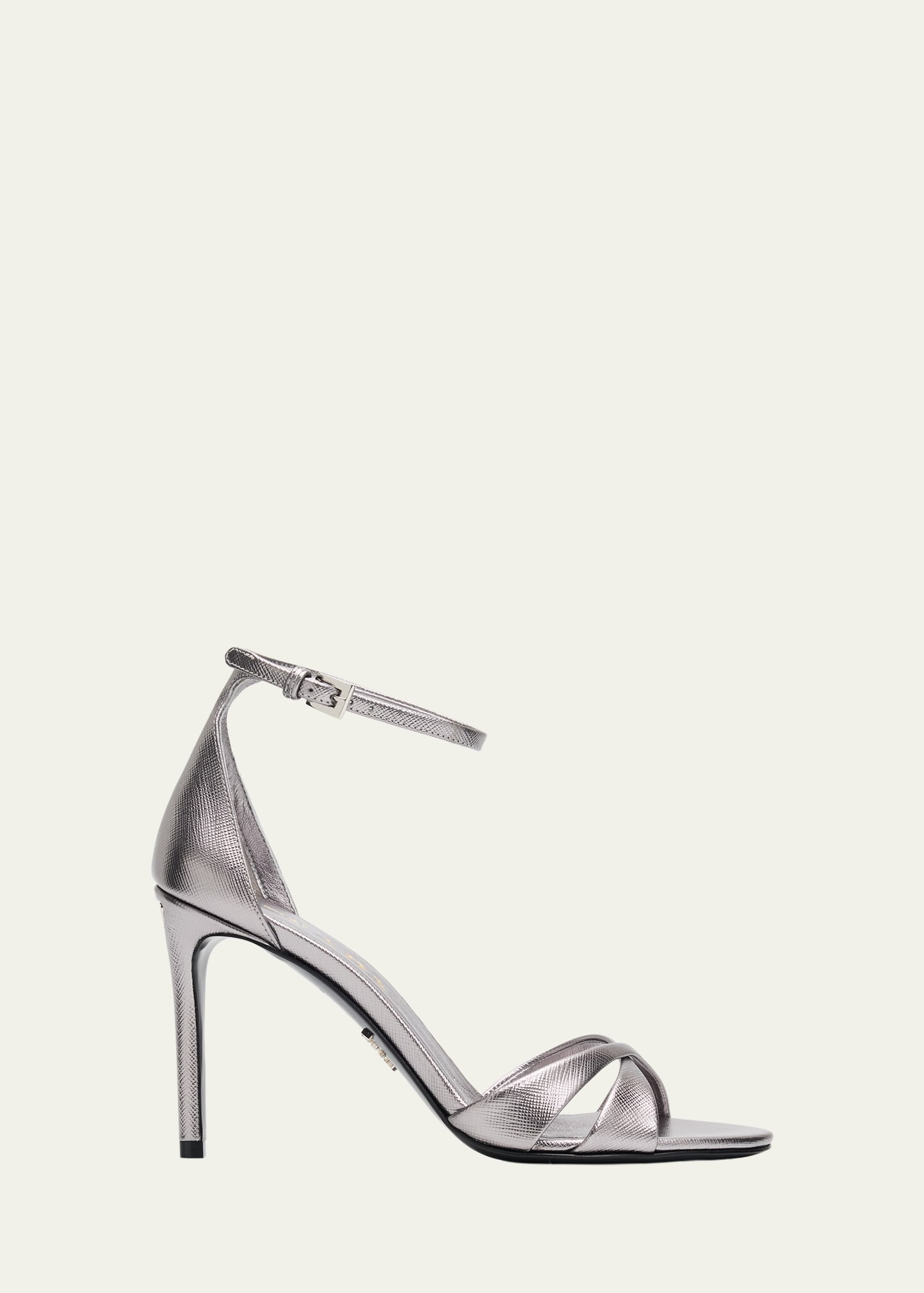 Prada 95mm Vernice Saffiano Metallic Leather Ankle-Strap Sandals
