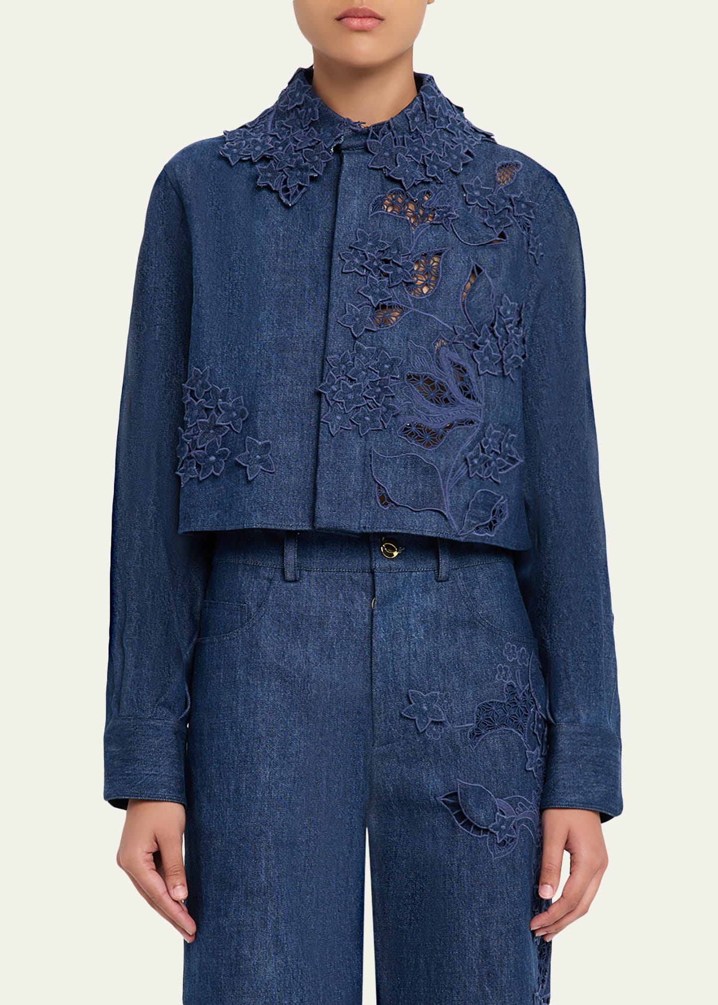 Oscar de la Renta Embroidered Denim Crop Jacket - Bergdorf Goodman