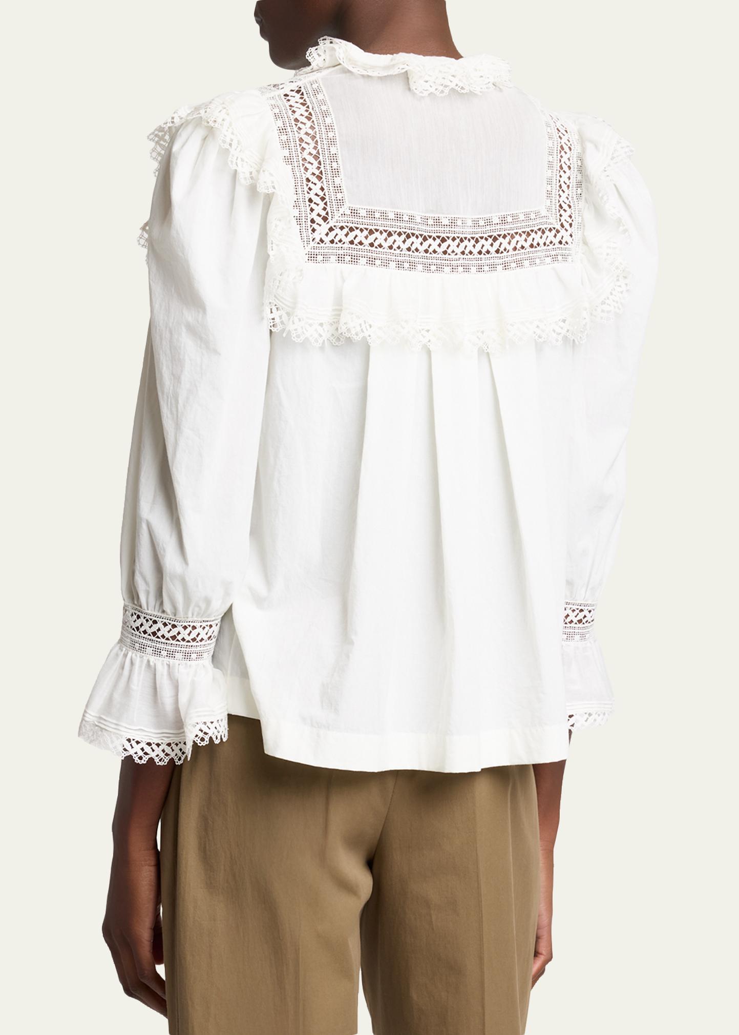 Saint Laurent Lace-Yoke Ruffle Poplin Blouse - Bergdorf Goodman