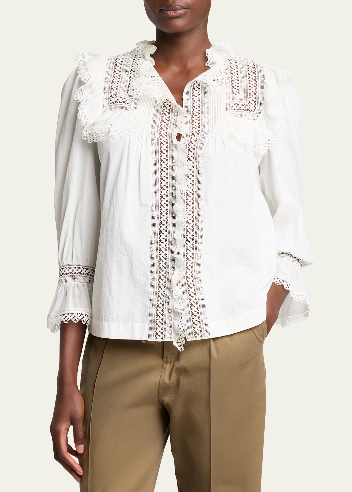 Saint Laurent Lace-Yoke Ruffle Poplin Blouse - Bergdorf Goodman