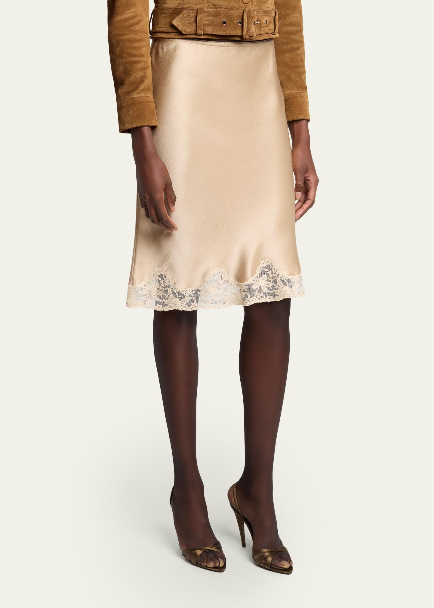Saint Laurent Lace-Trim Satin Knee-Length Skirt - Bergdorf Goodman