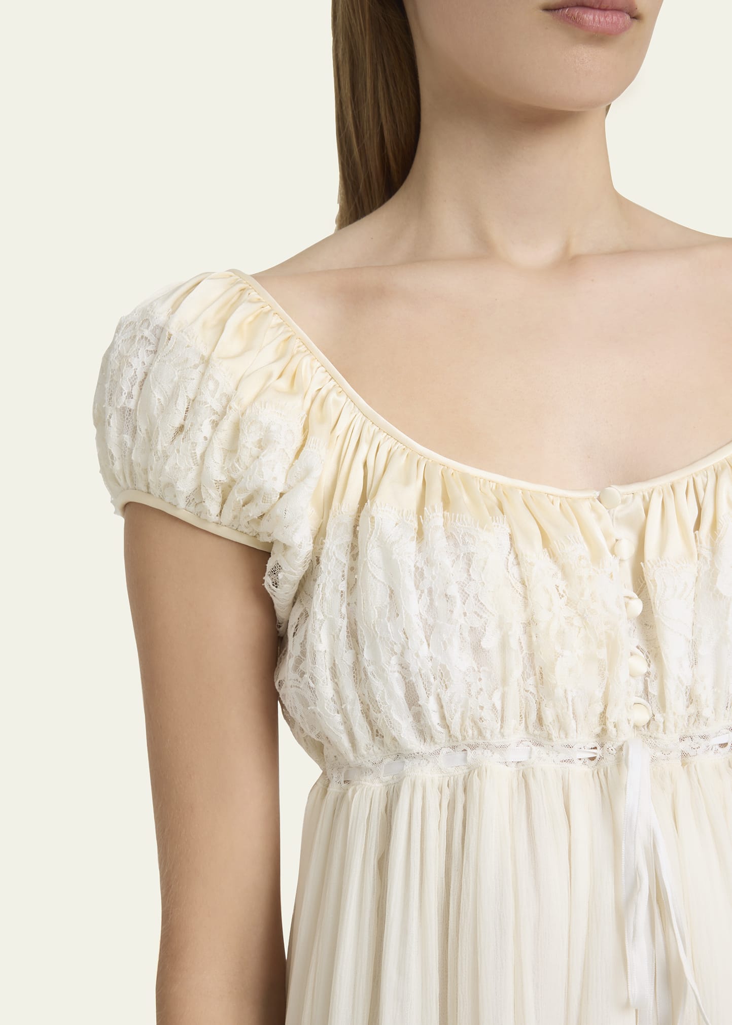 Chloe Lace-Trim Short-Sleeve Silk Mousseline Mini Babydoll Dress