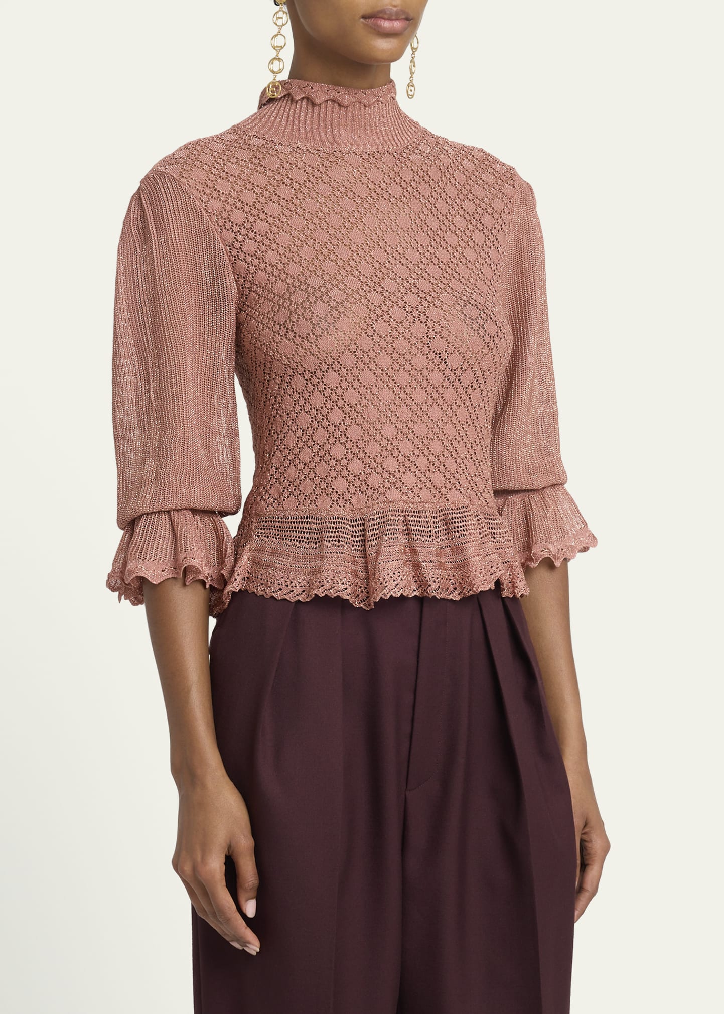 Chloe Mock-Neck Metallic Knit Ruffle Sweater - Bergdorf Goodman