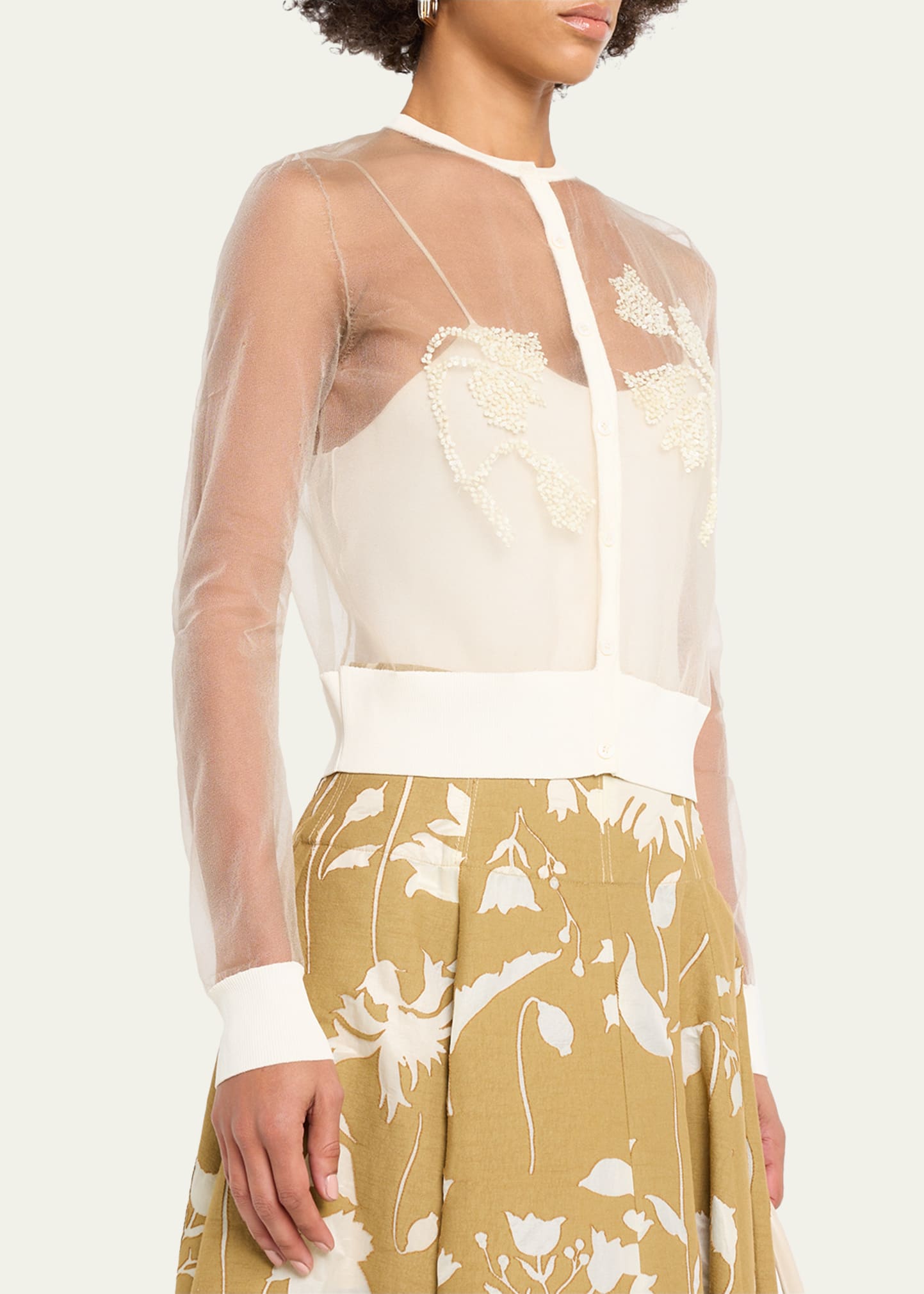 Lela Rose Tulip Beaded Sheer Crewneck Cardigan - Bergdorf Goodman