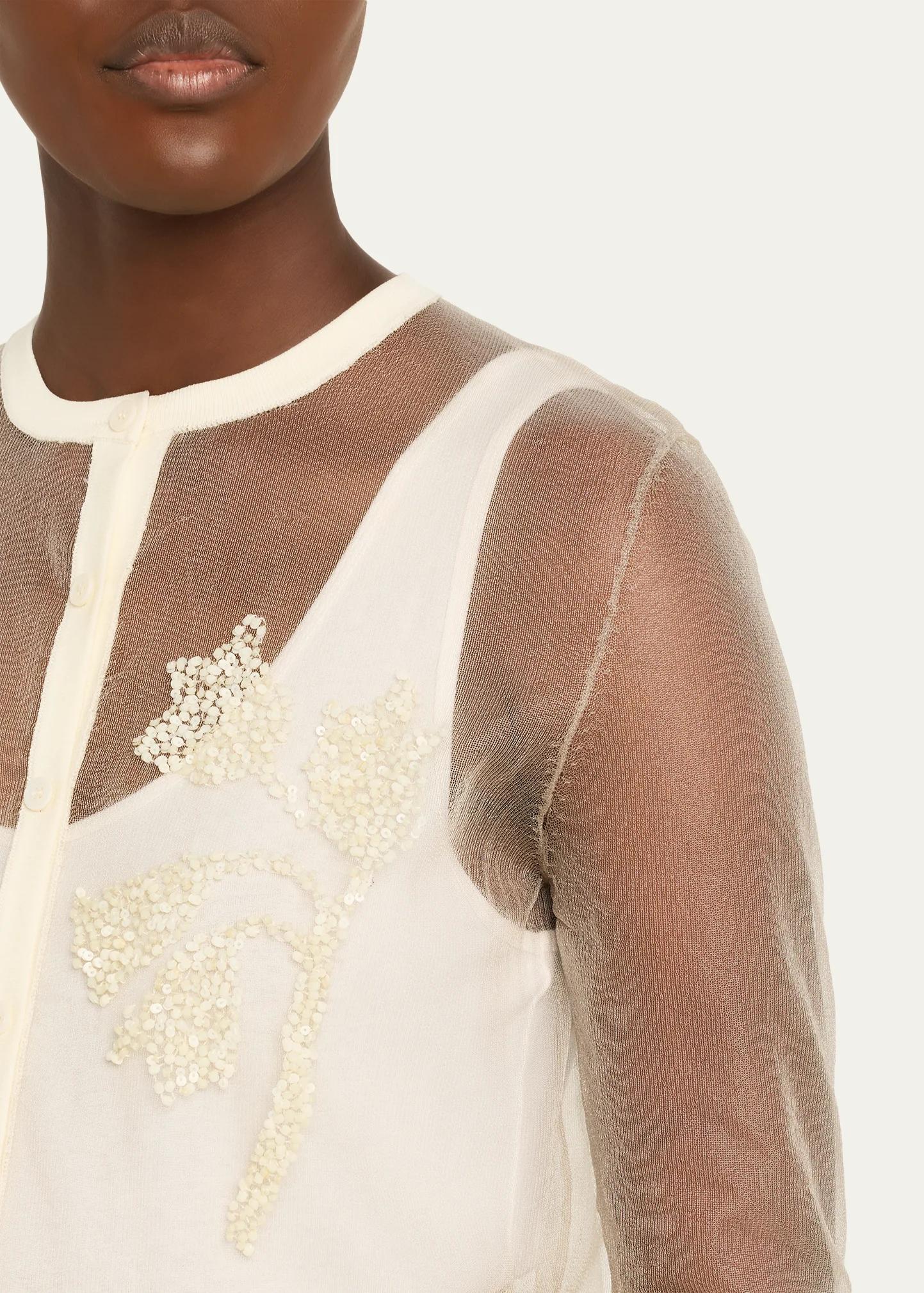 Lela Rose Tulip Beaded Sheer Crewneck Cardigan - Bergdorf Goodman