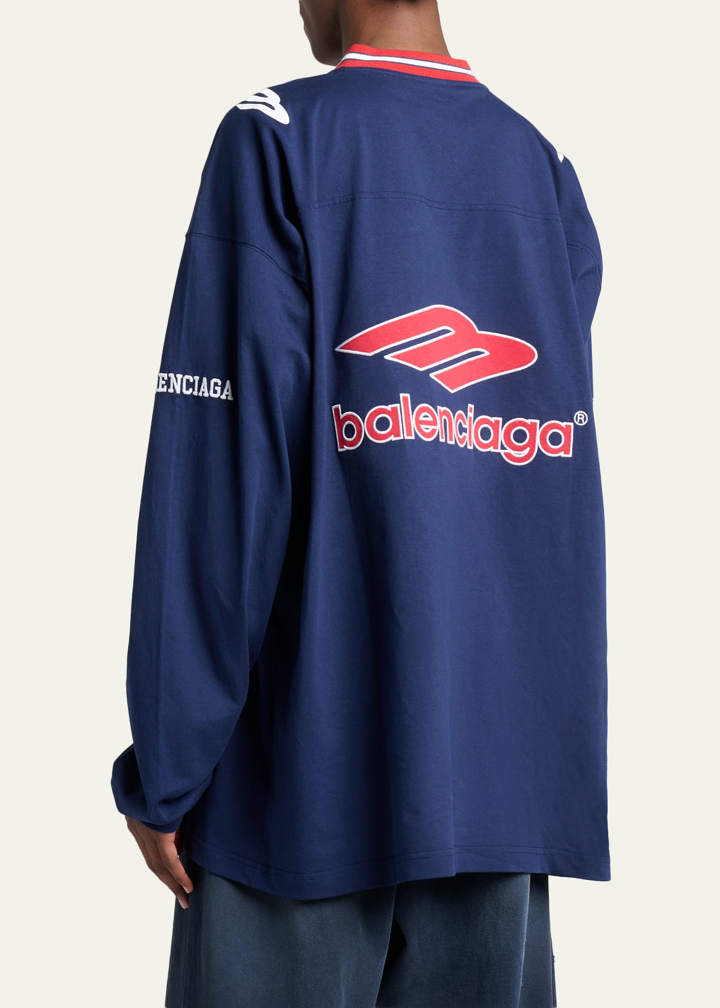 Balenciaga Men's 3B Football Long-Sleeve V-Neck Cotton T-Shirt