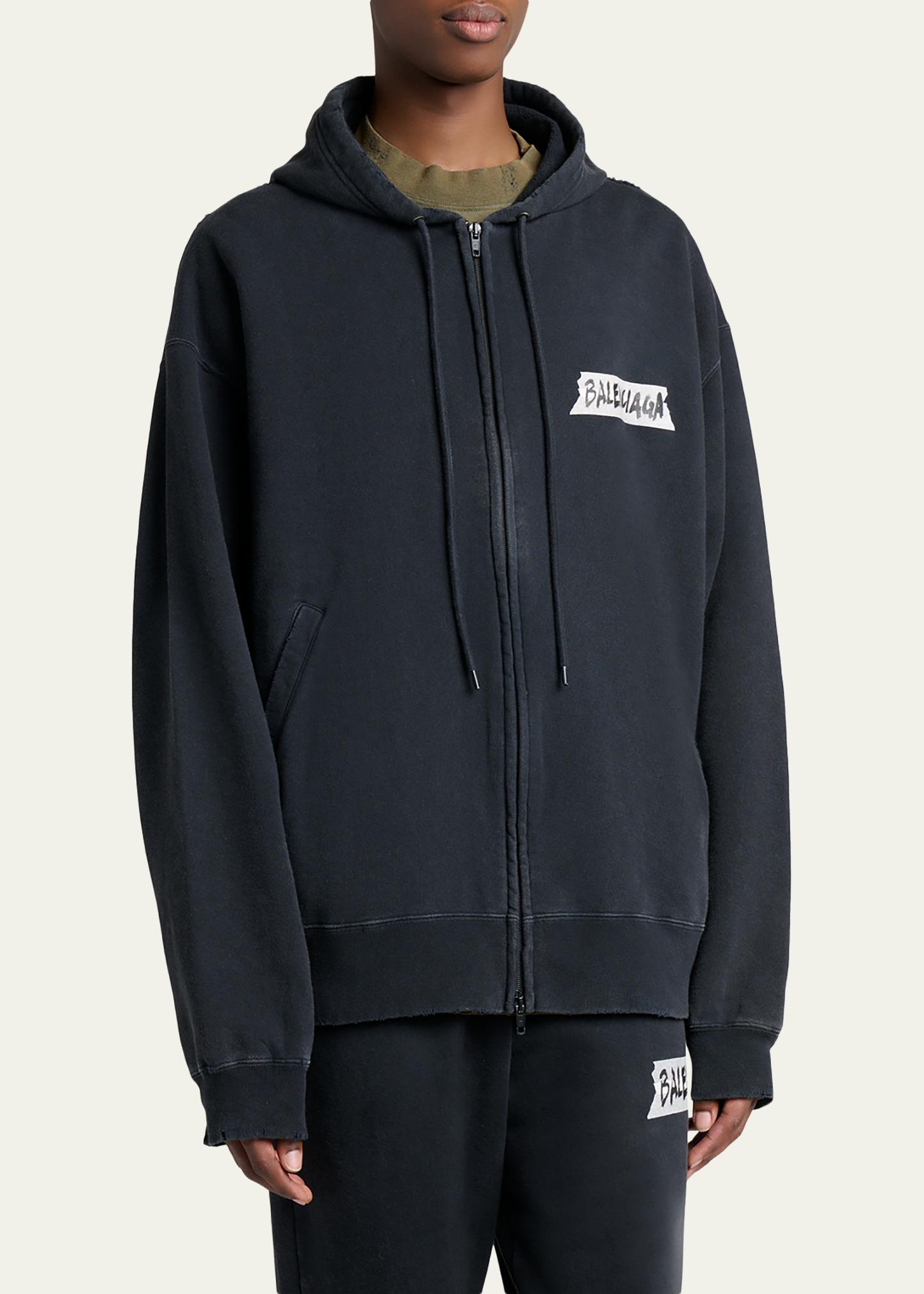Balenciaga Men's Masking Tape Oversized-Fit Faded Fleece Full-Zip