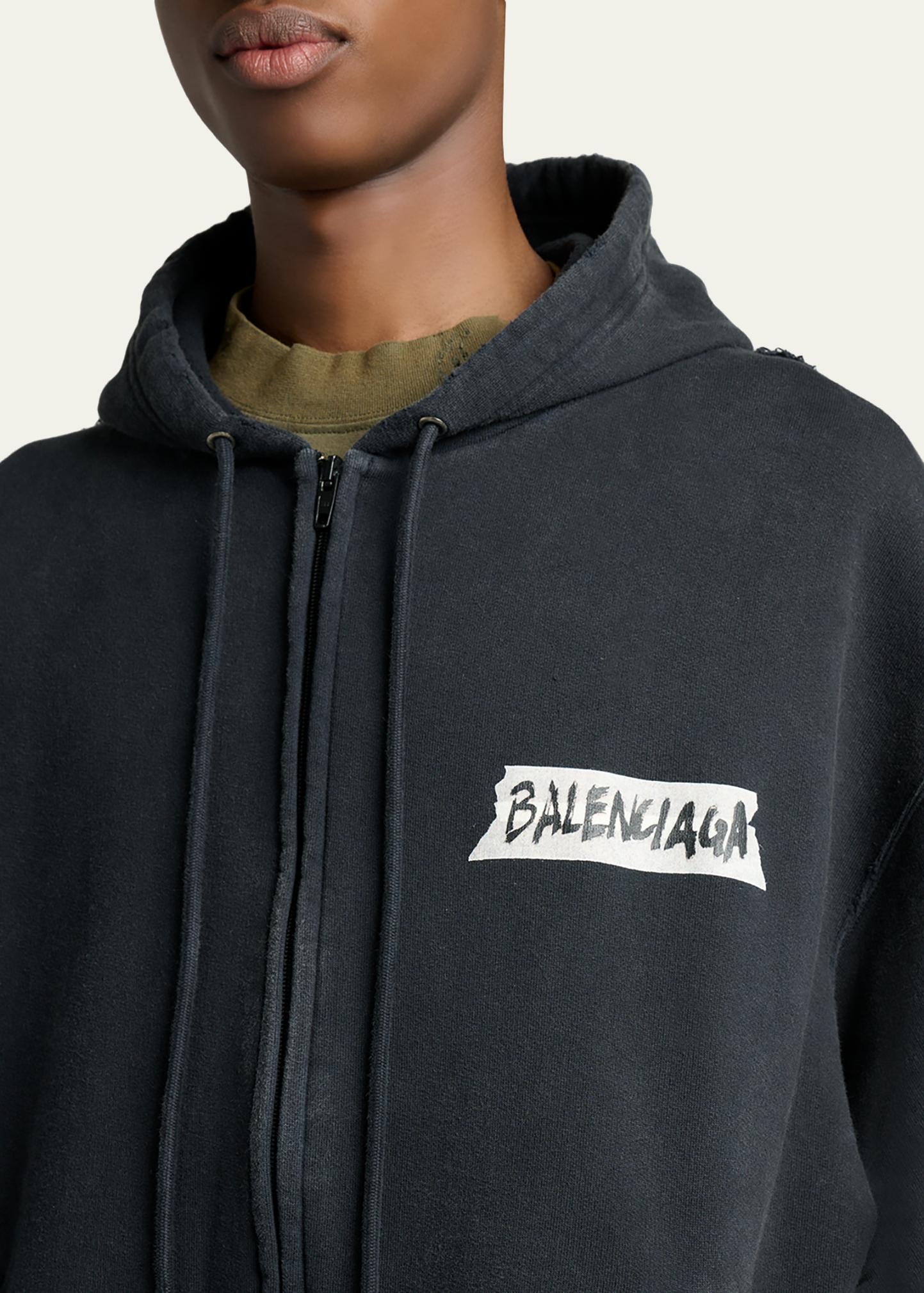 Balenciaga Men's Masking Tape Oversized-Fit Faded Fleece Full-Zip