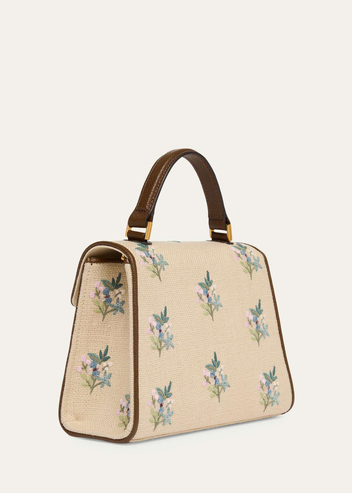 Valentino Garavani Small Floral-Embroidered Woven Flax Top-Handle