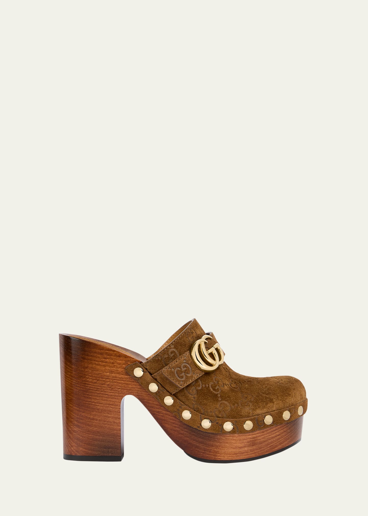 GUCCI ベージュ オープントゥ ミュール Gucci 70mm Double G Suede Platform Clogs - Bergdorf Goodman