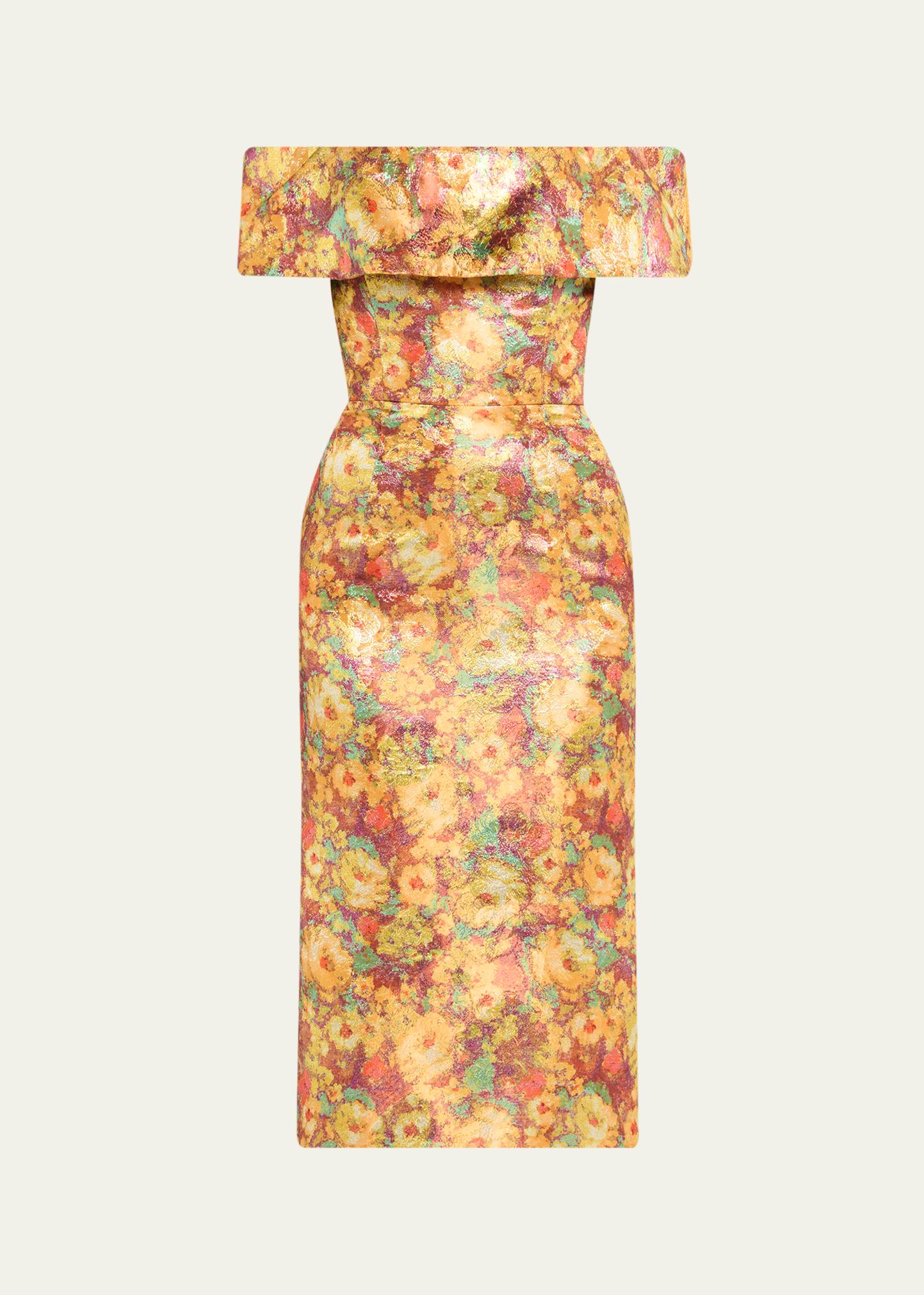 Markarian Gloria Metallic Floral Jacquard Off-The-Shoulder Dress 