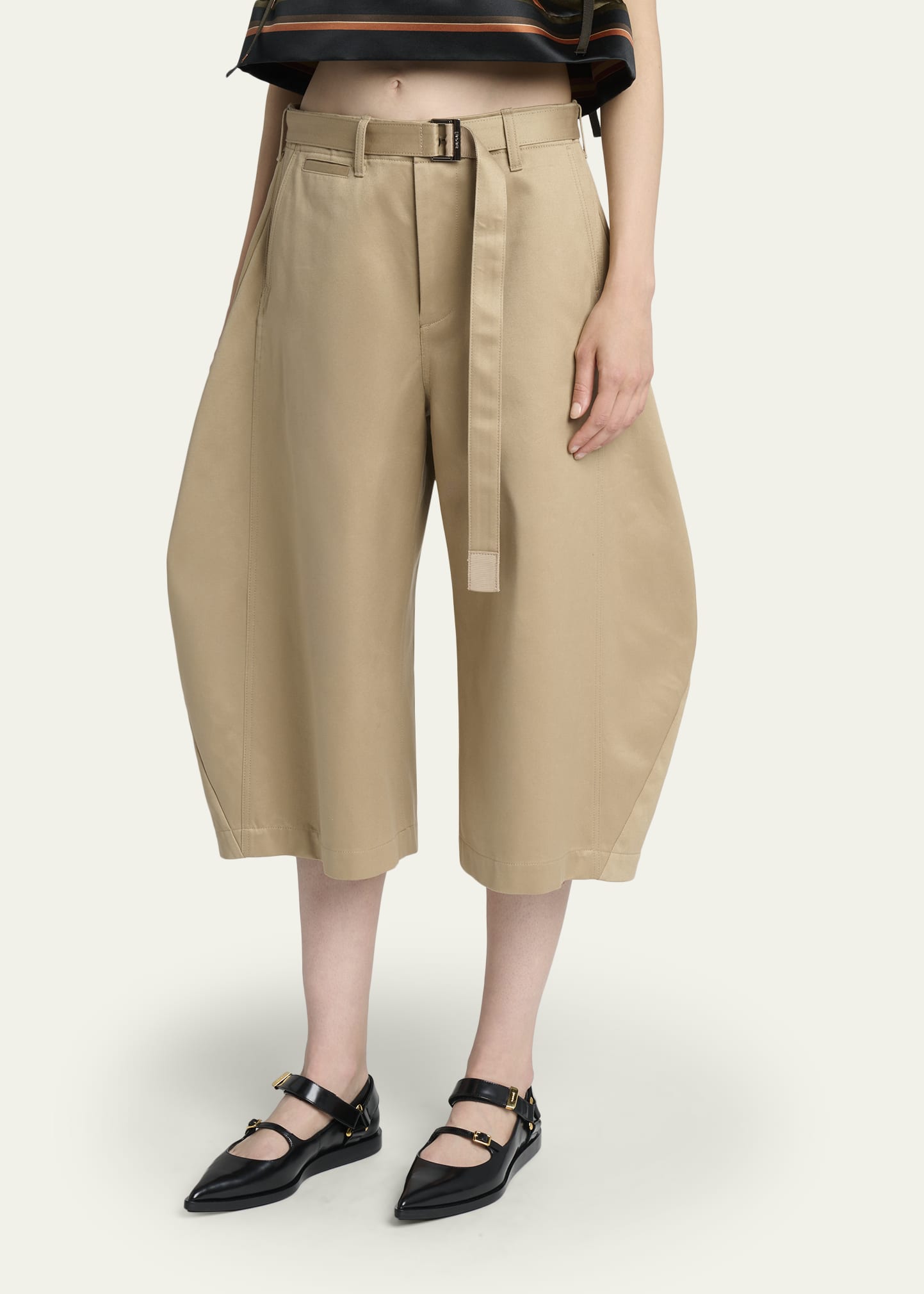 SACAI Belted Cotton Chino Barrel-Leg Crop Pants - Bergdorf Goodman