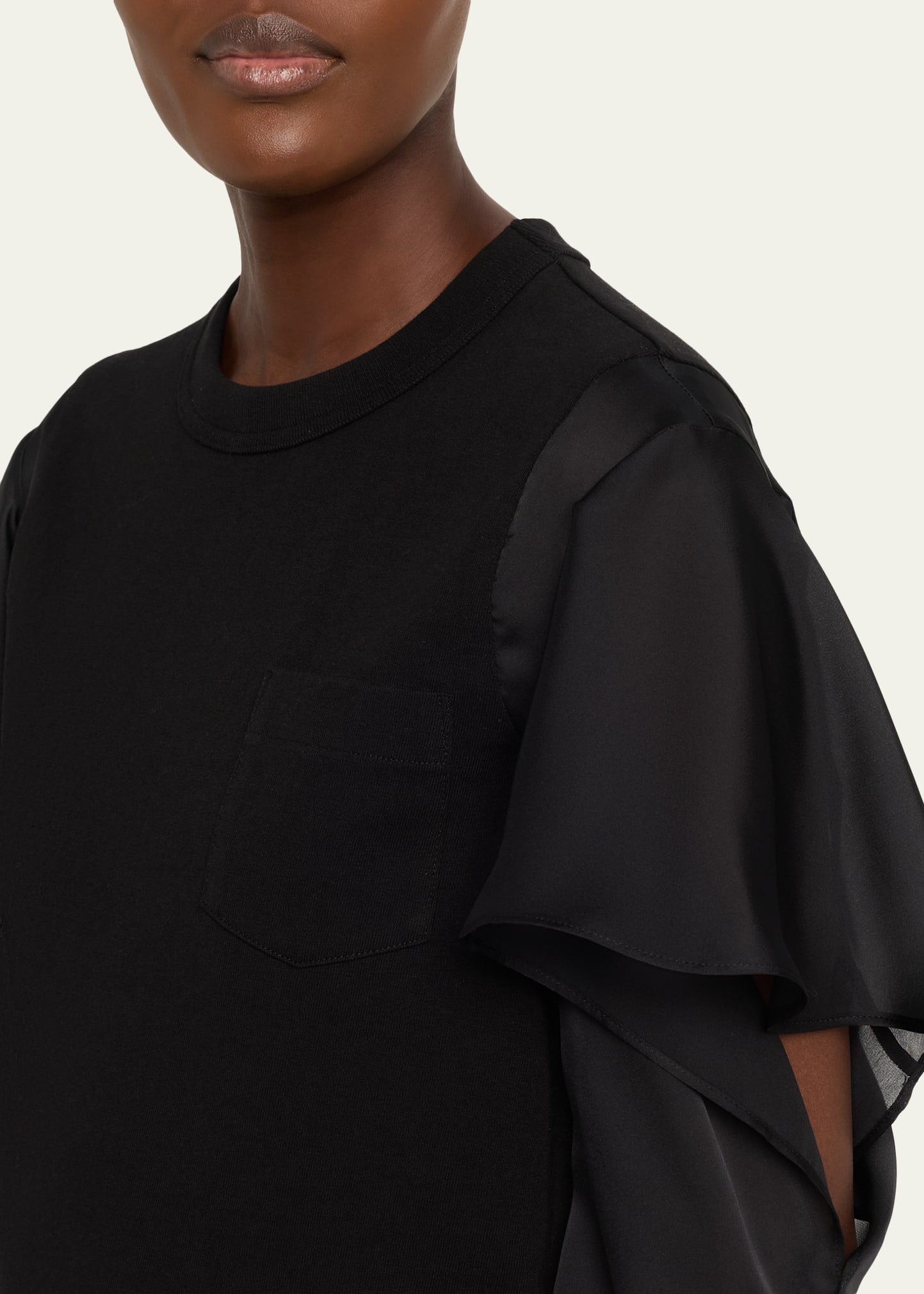 SACAI Satin Ruffle Sleeve Cotton Jersey T-Shirt - Bergdorf Goodman