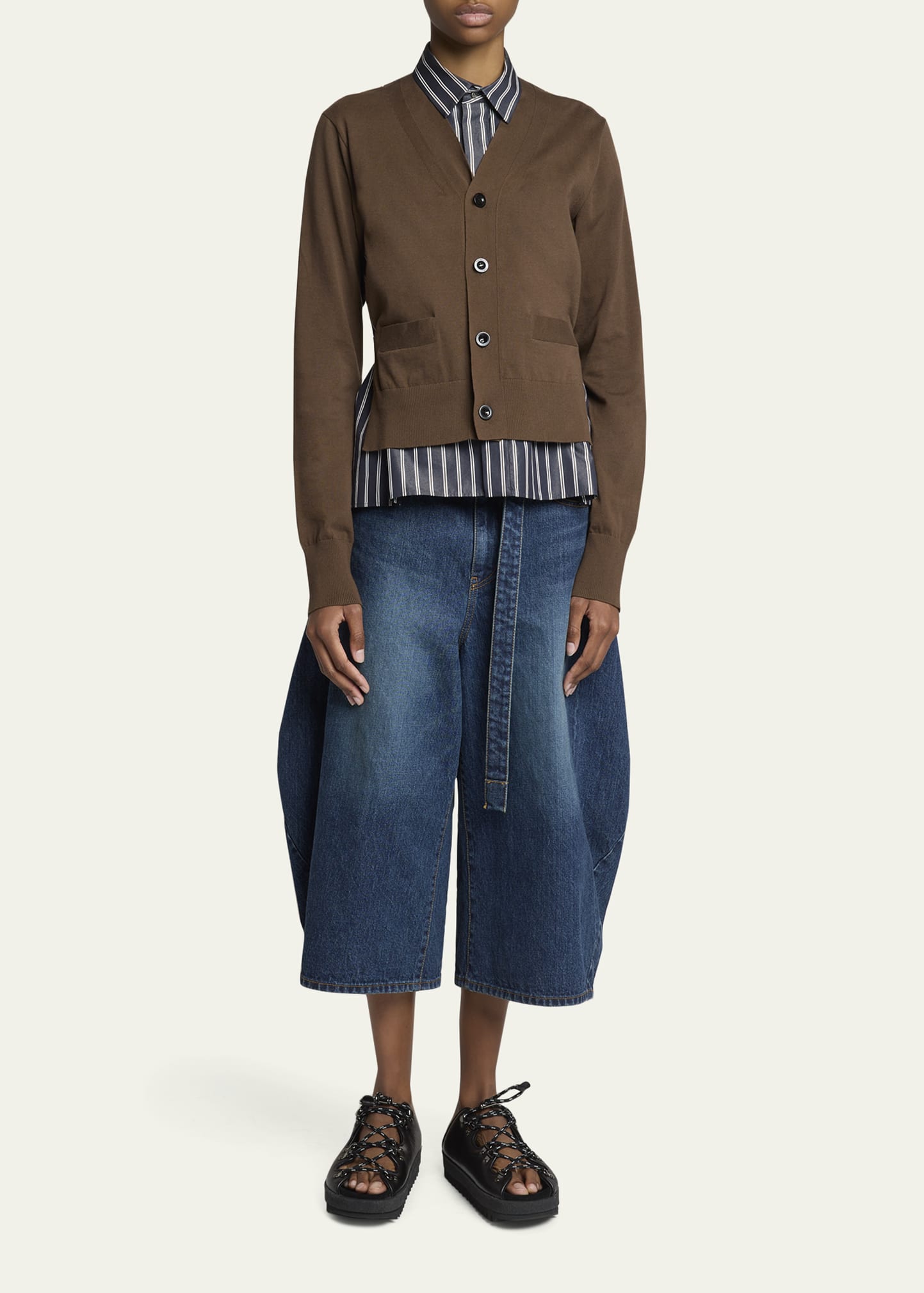 SACAI Mixed-Media Striped Layered Cardigan - Bergdorf Goodman