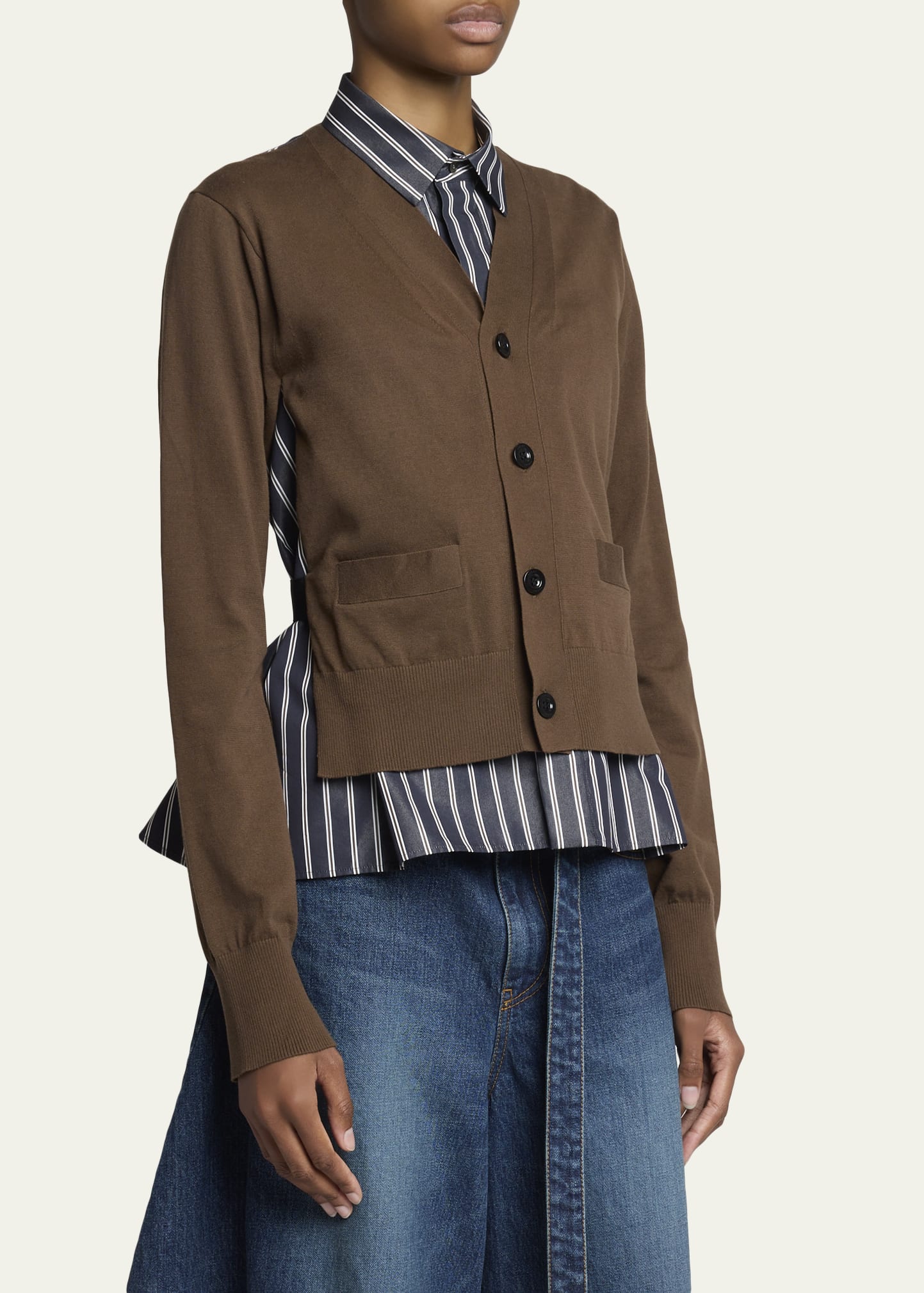 SACAI Mixed-Media Striped Layered Cardigan - Bergdorf Goodman