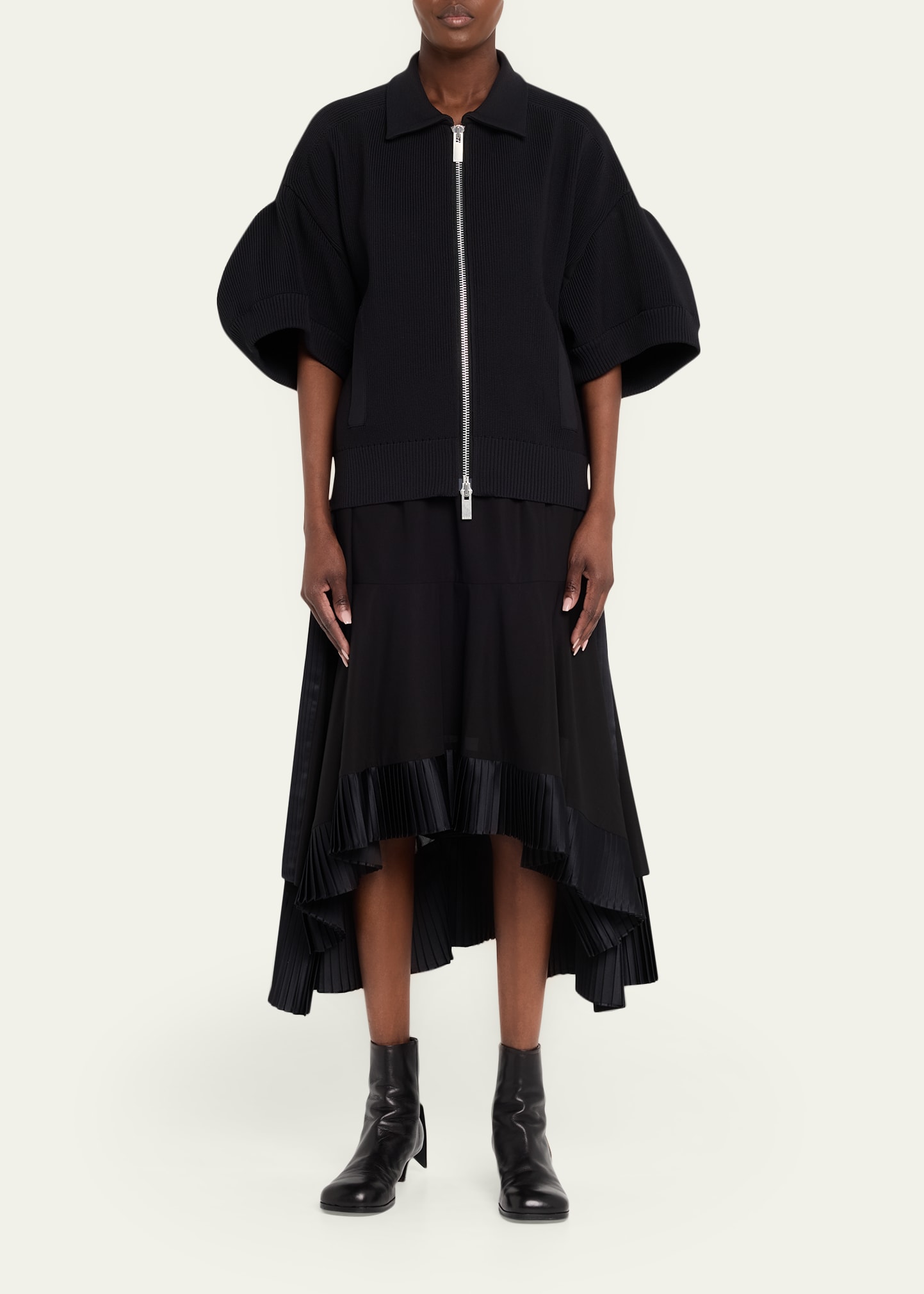 SACAI Pleated Satin Ruffle Cotton Broadcloth High-Low Skirt