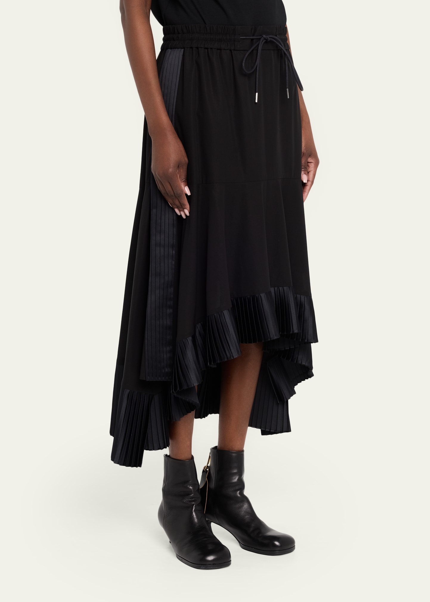 SACAI Pleated Satin Ruffle Cotton Broadcloth High-Low Skirt