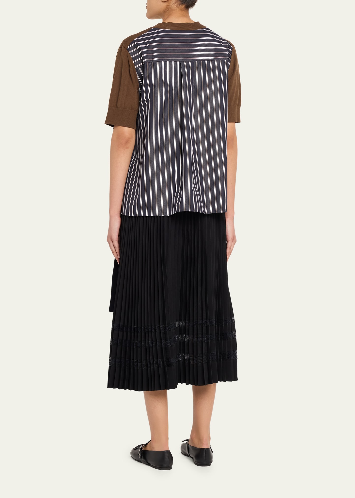 美品sacai beltedsleeveblouse SACAI Mixed-Media Poplin Knit Belted Top - Bergdorf Goodman