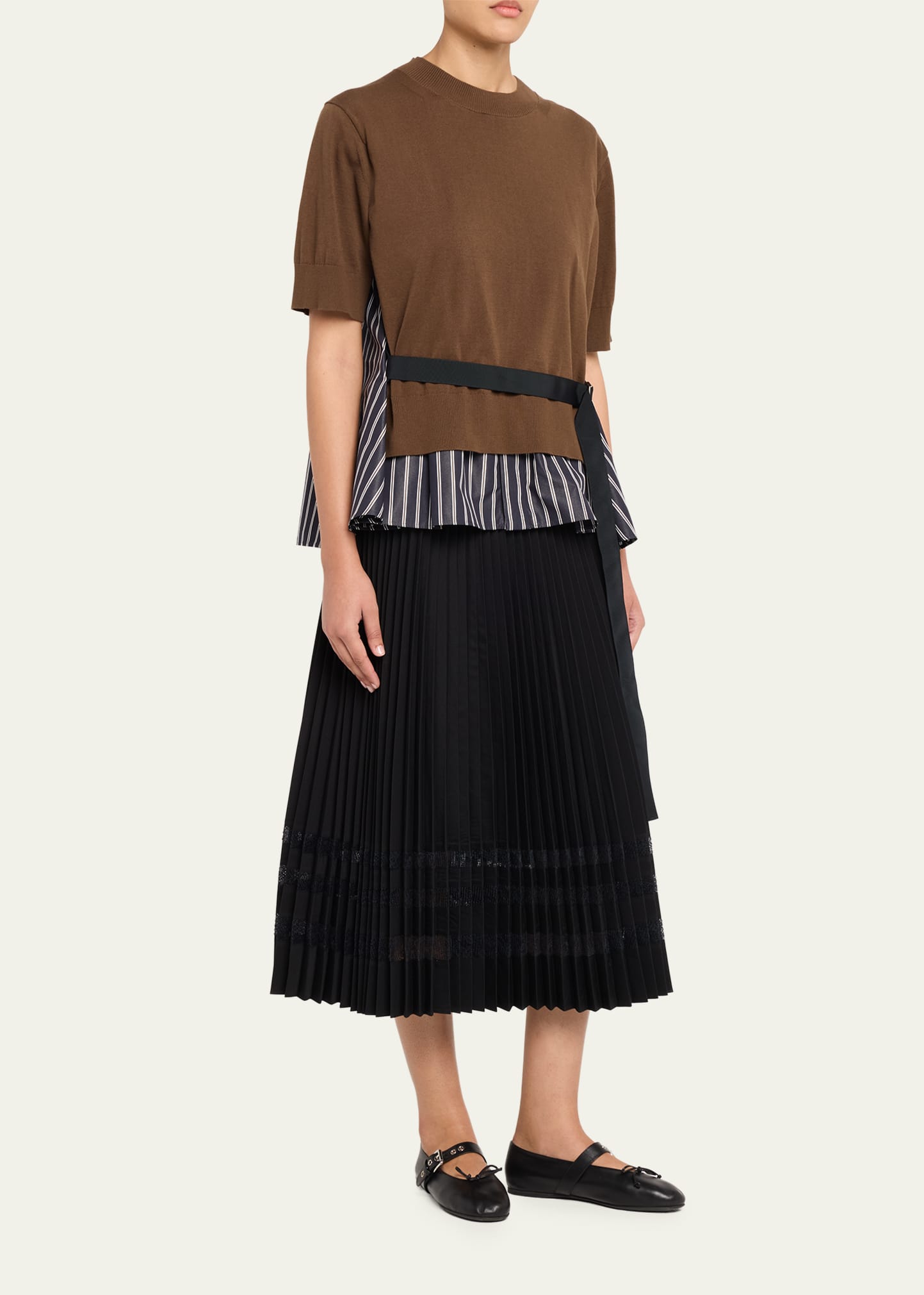 美品sacai beltedsleeveblouse SACAI Mixed-Media Poplin Knit Belted Top - Bergdorf Goodman