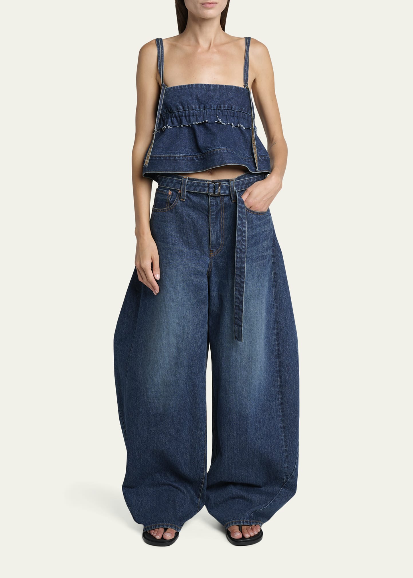 sacai × Pendleton アシンメリーキャミソール SACAI Denim Sleeveless Crop Peplum Top - Bergdorf Goodman