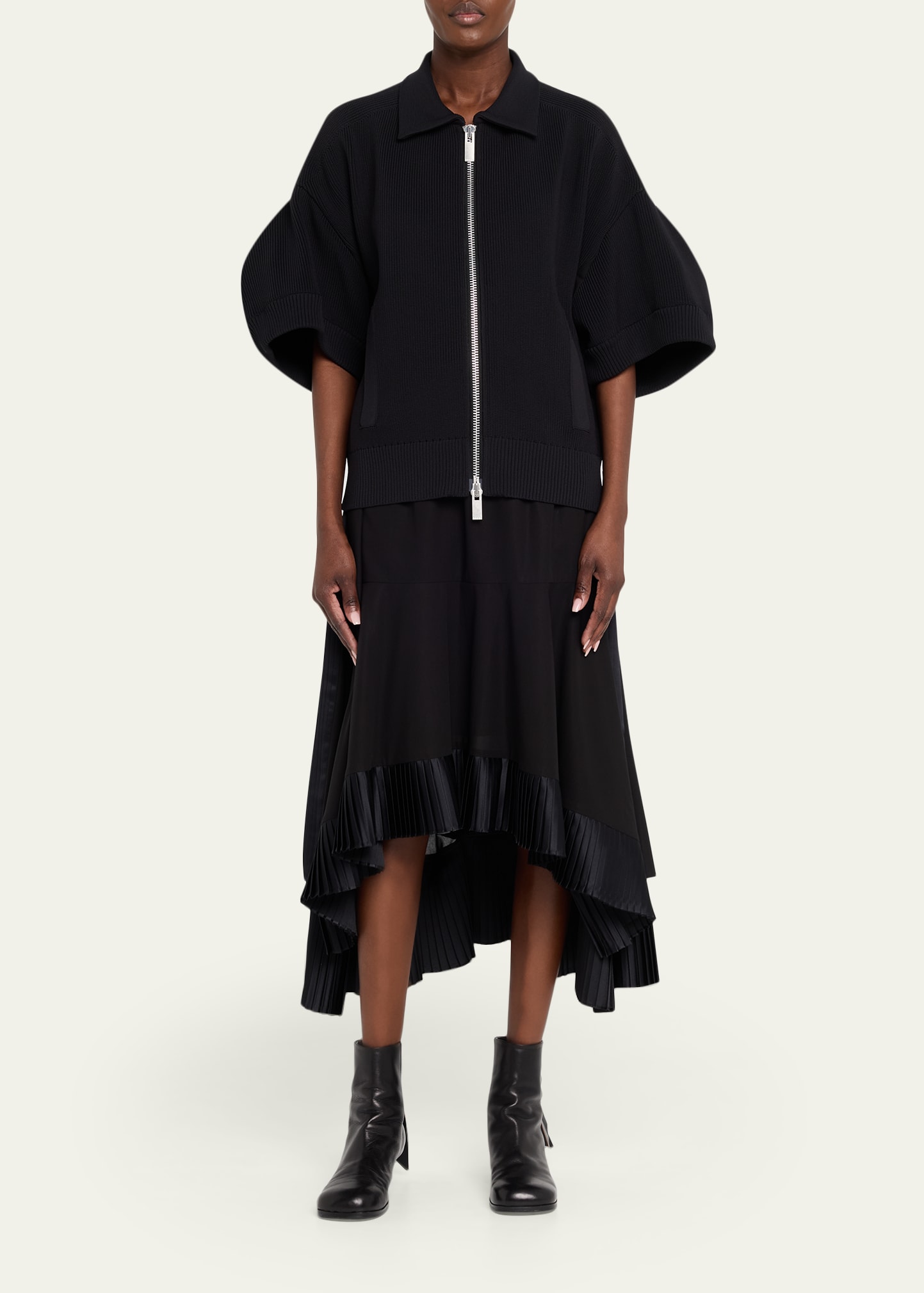 SACAI Short-Sleeve English Rib Knit Zip Jacket - Bergdorf Goodman