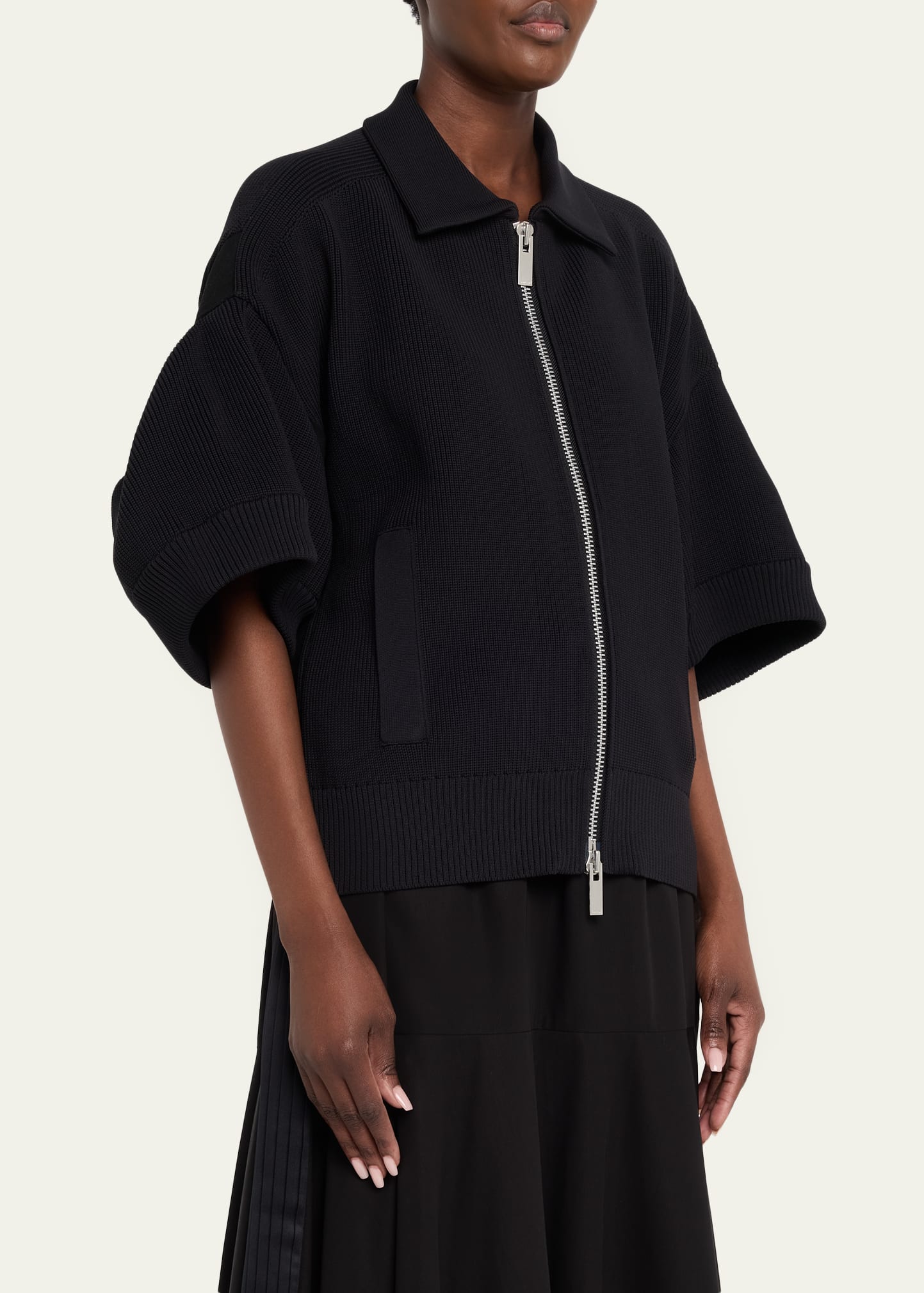 SACAI Short-Sleeve English Rib Knit Zip Jacket - Bergdorf Goodman