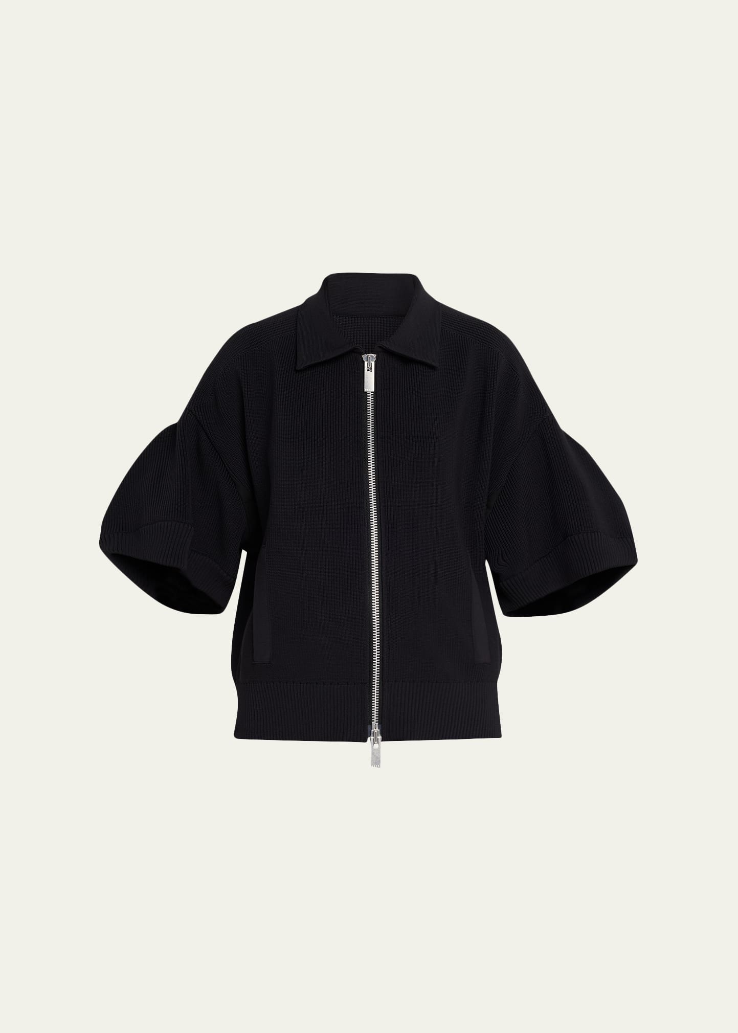 sacaiジップアップ パフスリーブ ニットジャケット SACAI Short-Sleeve English Rib Knit Zip Jacket - Bergdorf Goodman