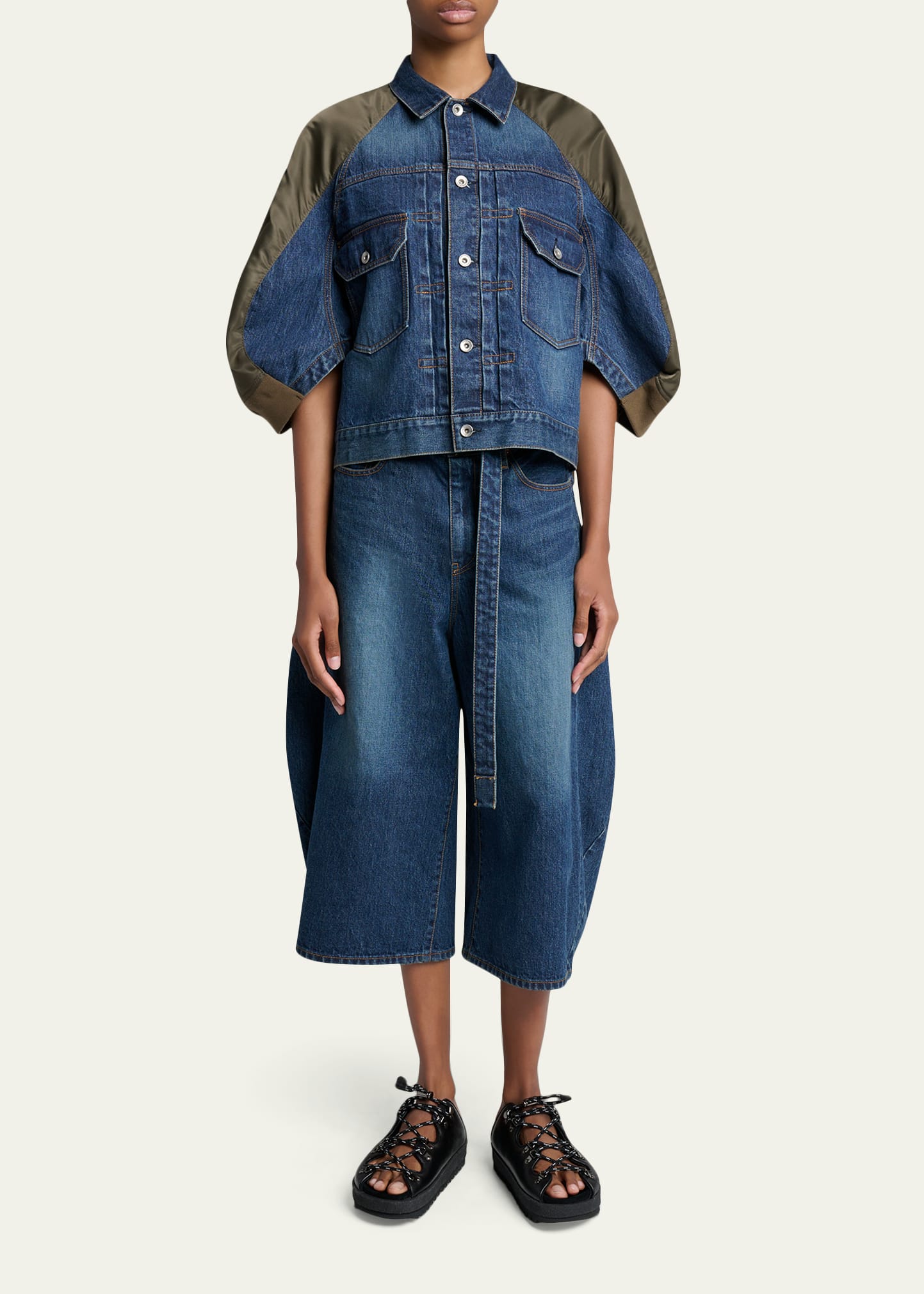 SACAI Mixed-Media Denim Bomber Jacket - Bergdorf Goodman