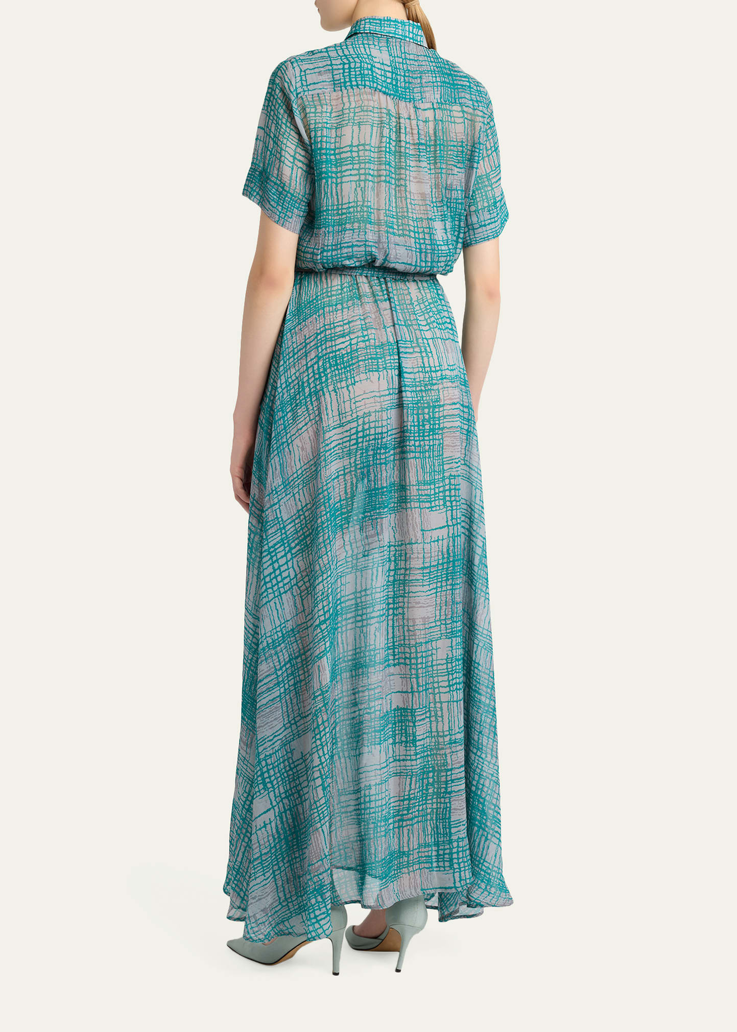 Kiton Check Silk Georgette Short-Sleeve Maxi Shirtdress - Bergdorf