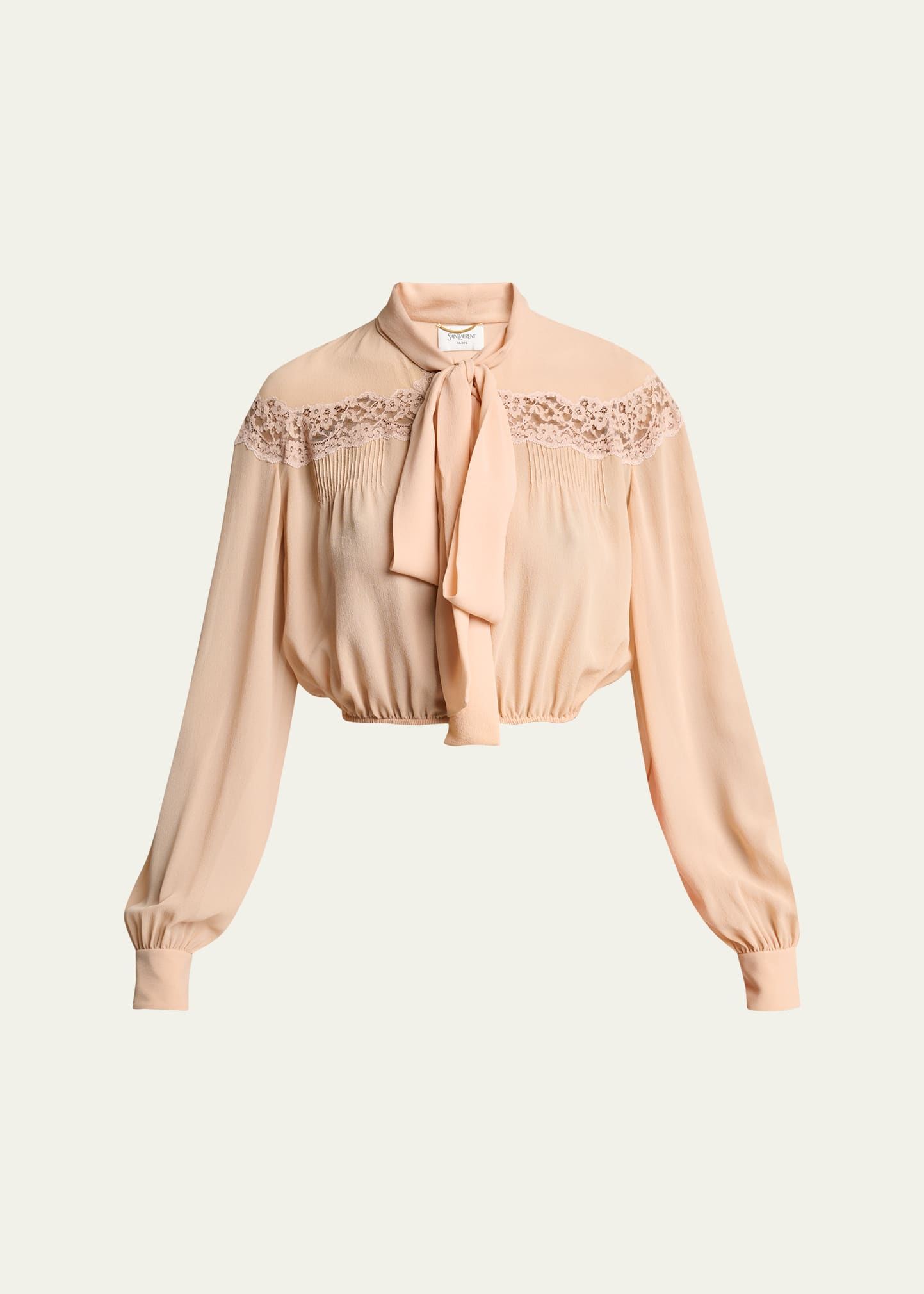 Lace-Trim Silk Neck-Tie Cropped Blouse