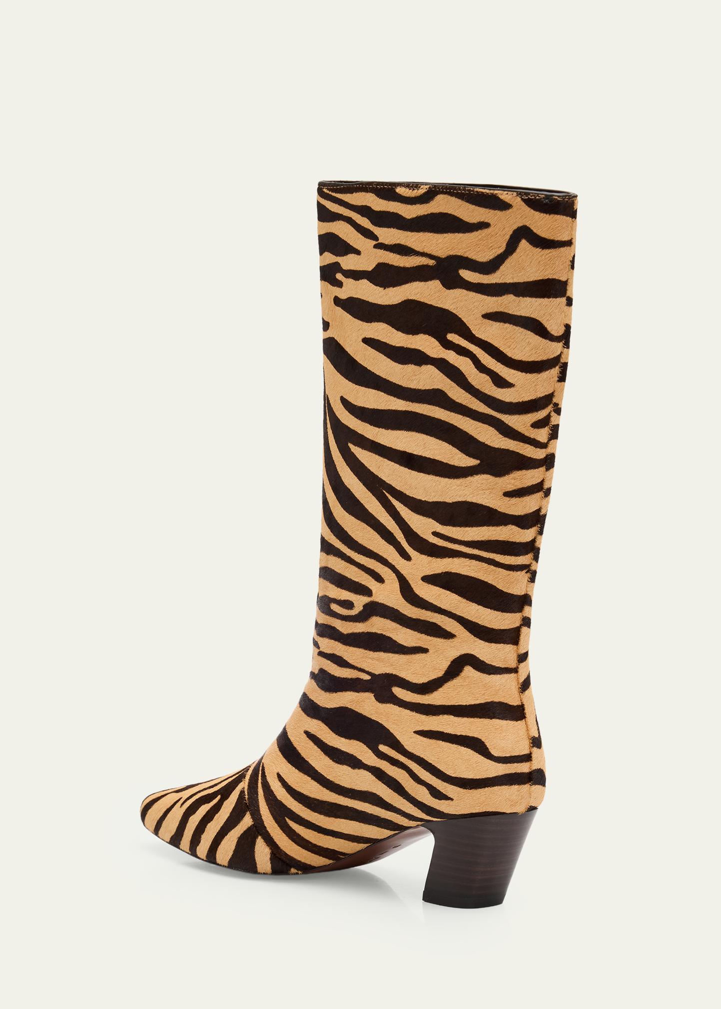 Loeffler Randall calf hair belt featuring a zebra or tiger animal print. Buy Zebra Print Calf Hair Belt With Gold Buckle Womens 2.0  main image 2