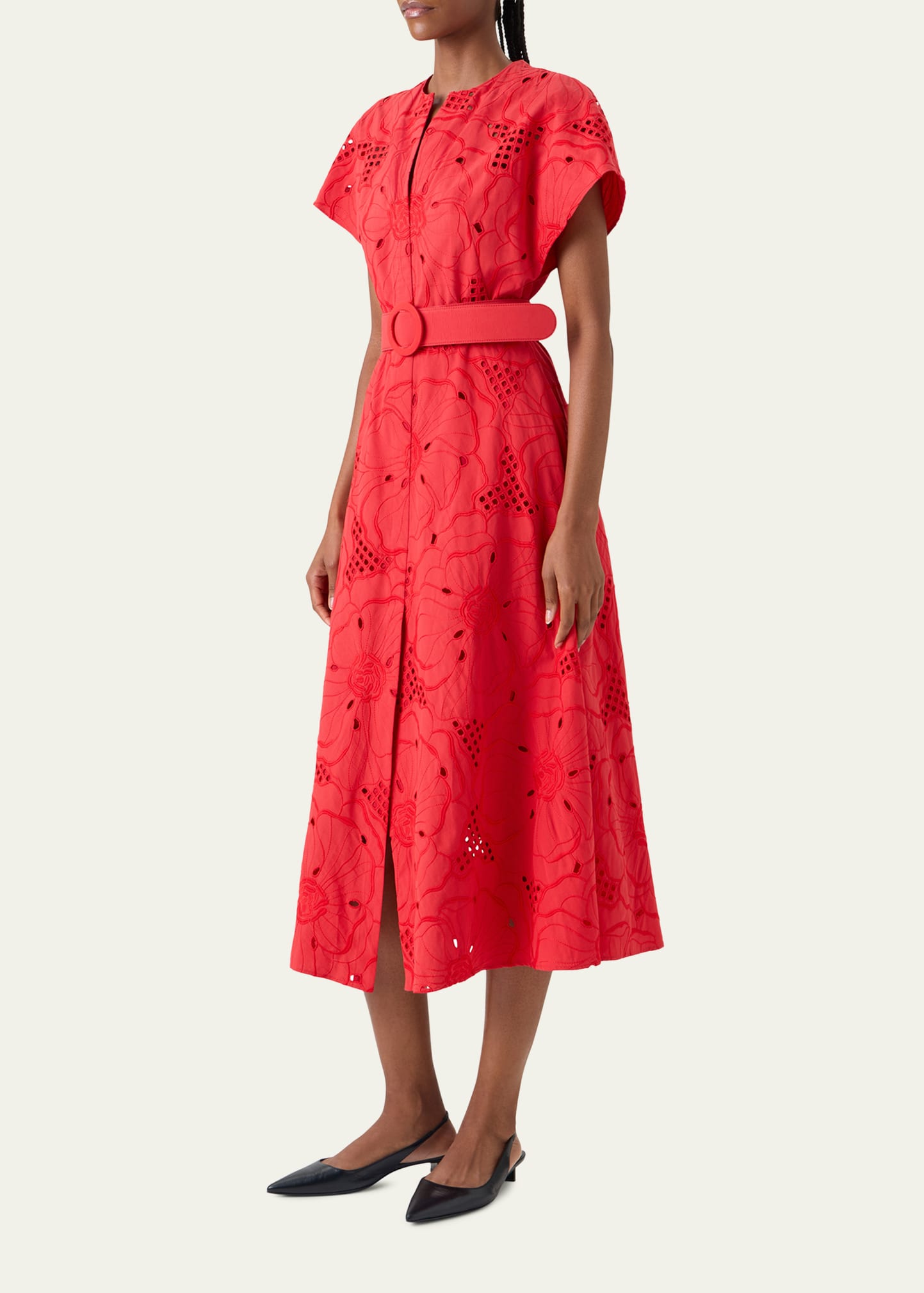 Akris punto Floral Eyelet Embroidered Short-Sleeve Belted Midi