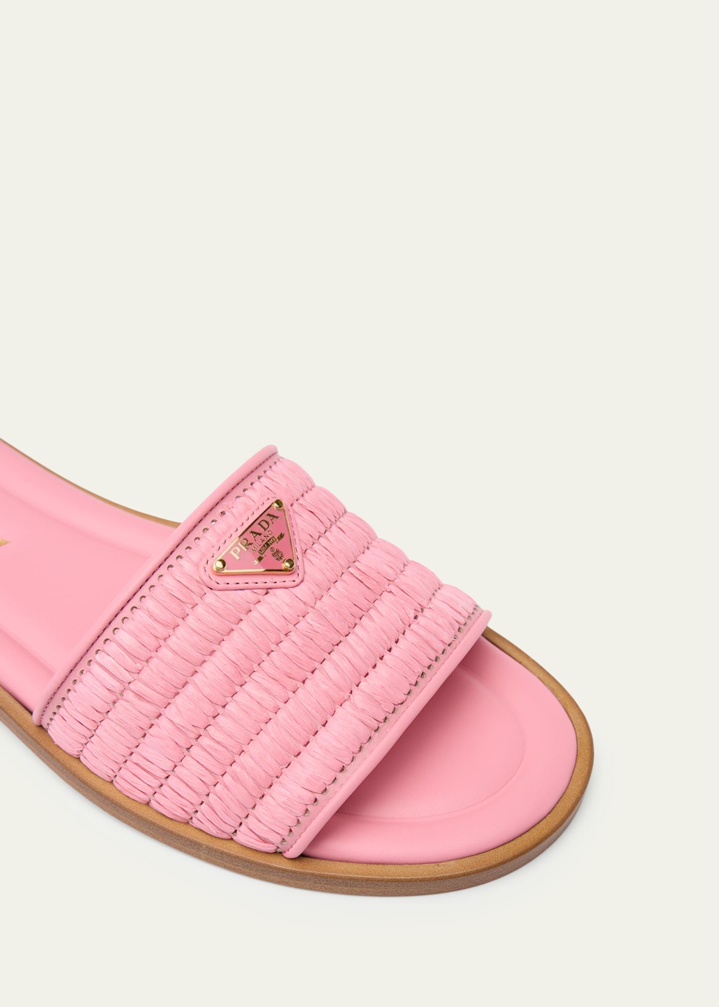 Prada Triangle Logo Raffia Flat Slide Sandals - Bergdorf Goodman