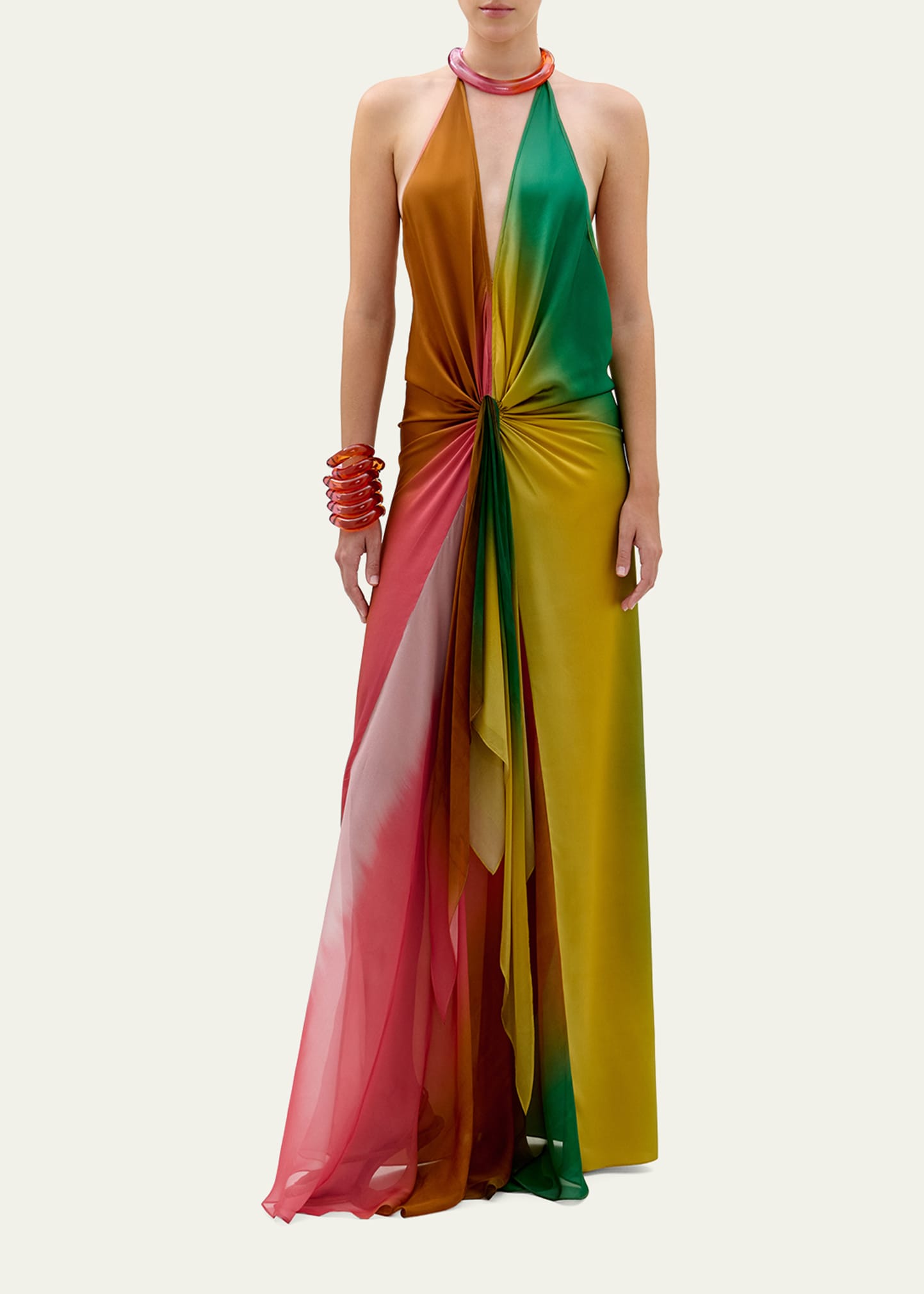 Silvia Tcherassi Dixon Twisted Satin Plunging Halter Maxi Dress