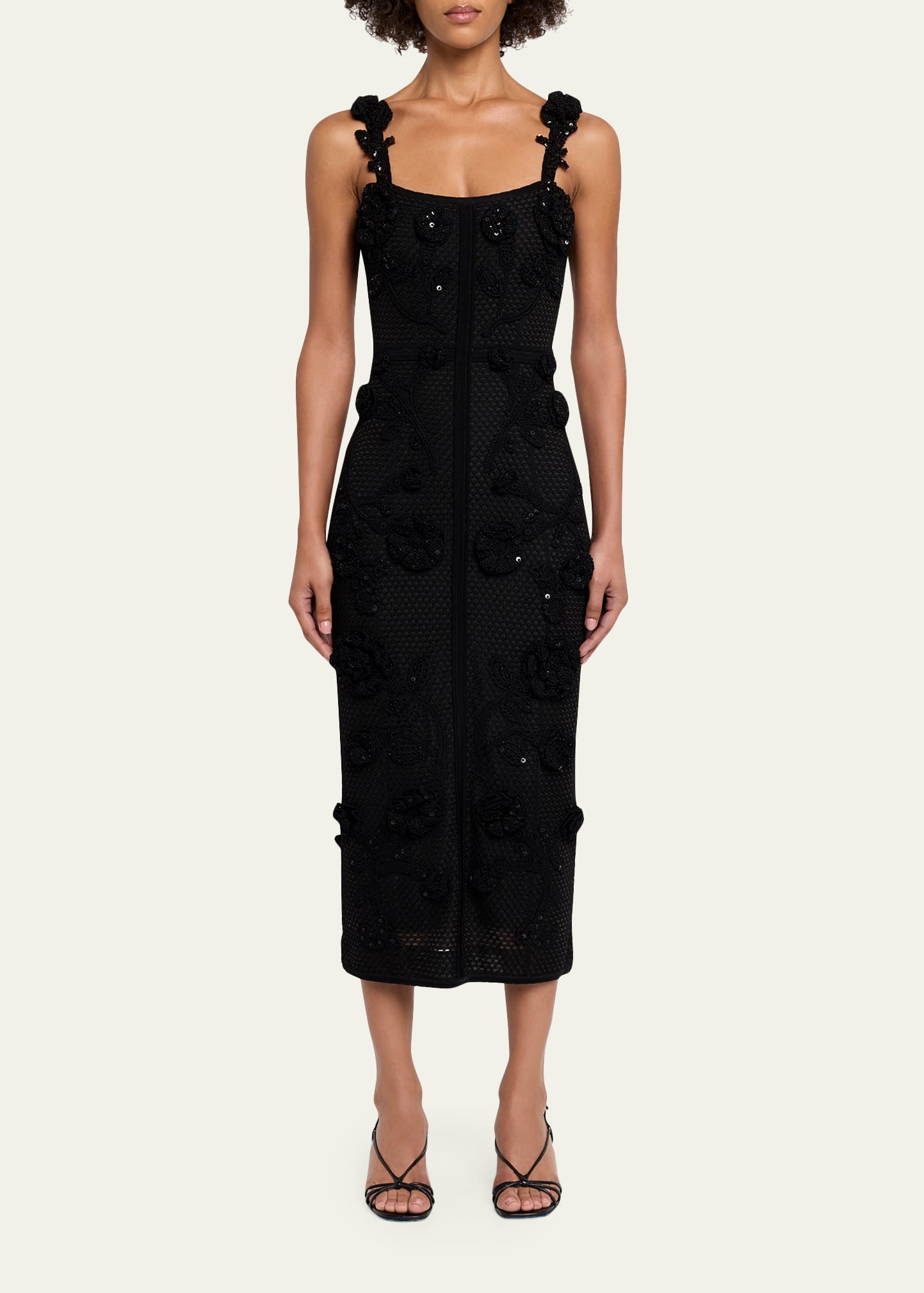 Carolina Herrera Sleeveless Floral Crochet Knit Midi Dress