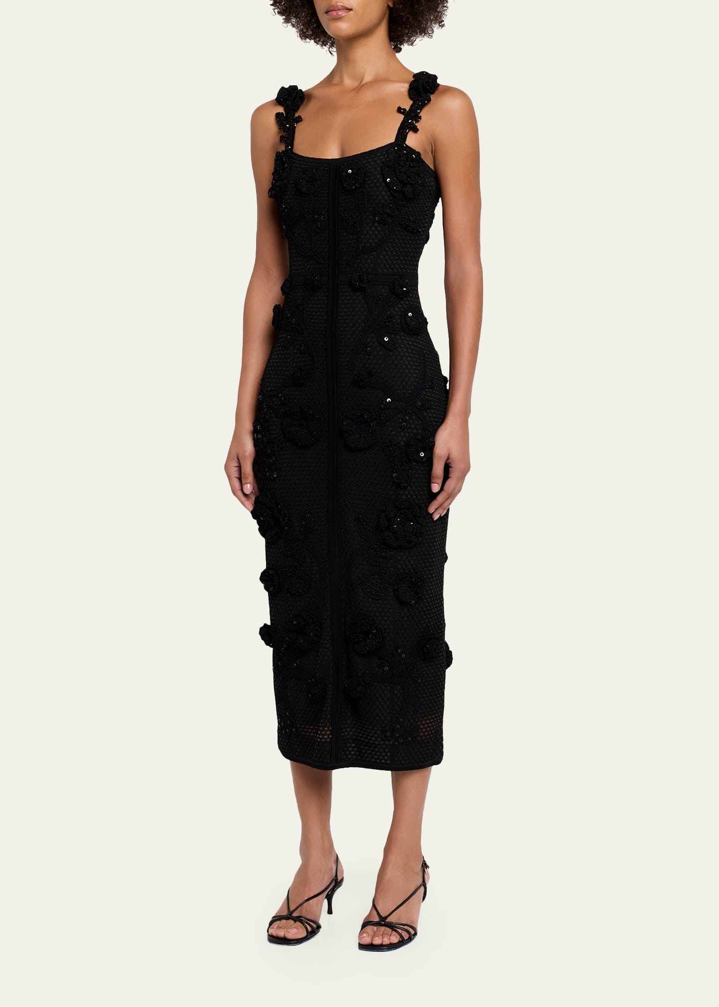 Carolina Herrera Sleeveless Floral Crochet Knit Midi Dress