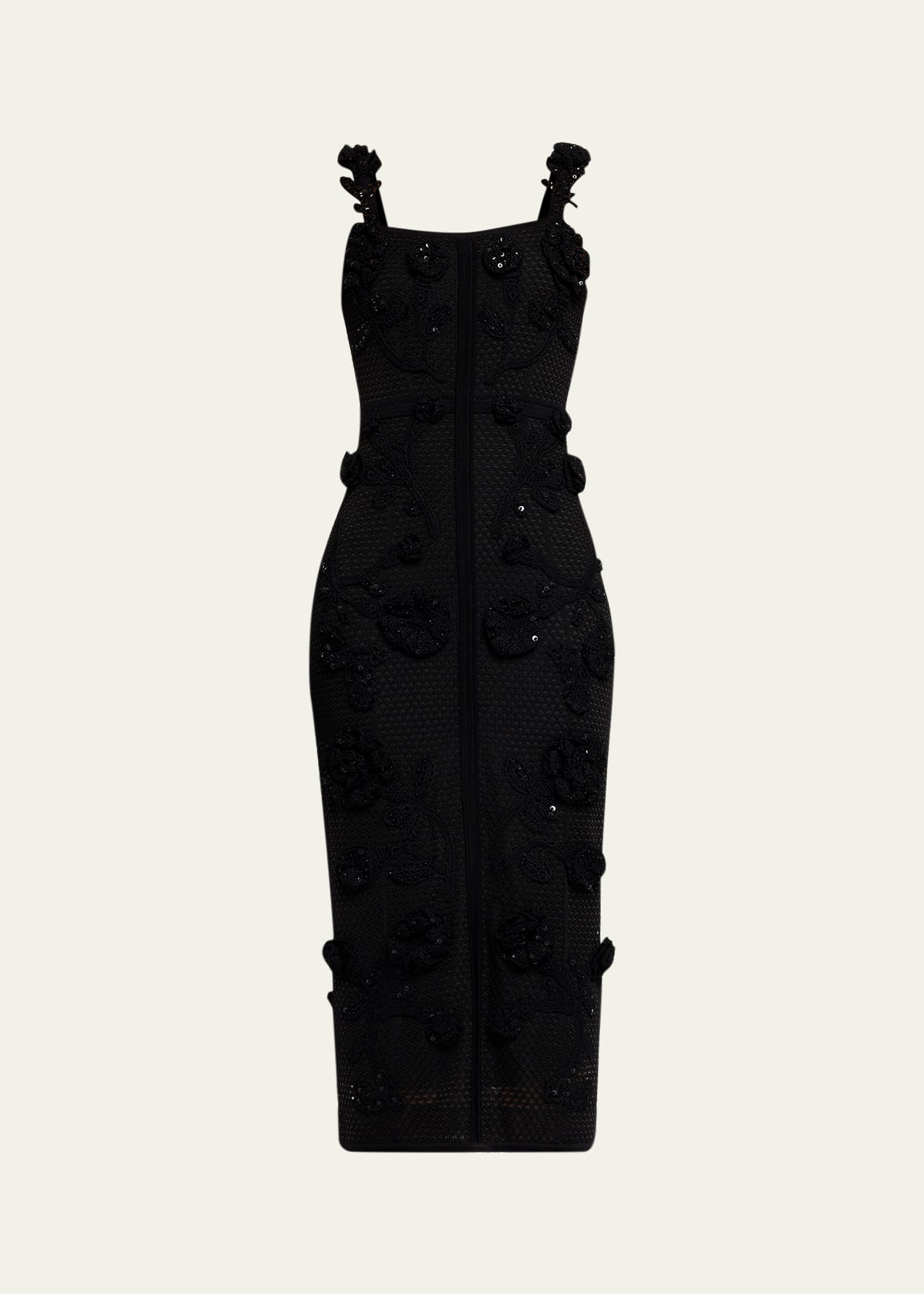 CH CAROLINA HERRERAキャロリーナヘレナ黒 ワンピース サイズ6 Carolina Herrera Sleeveless Floral Crochet Knit Midi Dress