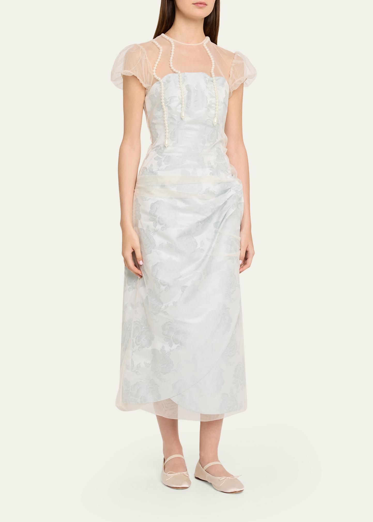 Simone Rocha Embellished Tulle Layered Floral-Jacquard Midi Dress